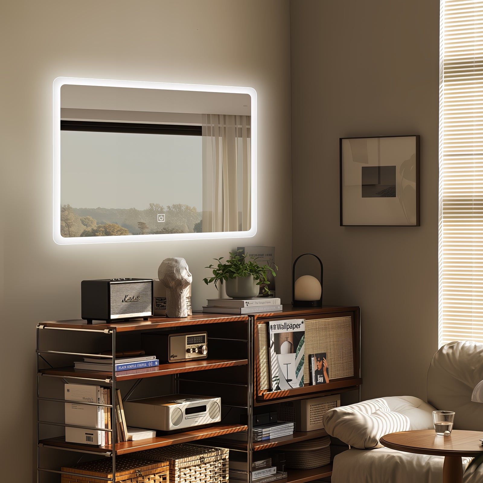 Miroir LED rectangulaire 80x60 cm : Miroir LED rectangulaire éclairé avec cadre givré, parfait pour la salle de bain ou la coiffeuse.