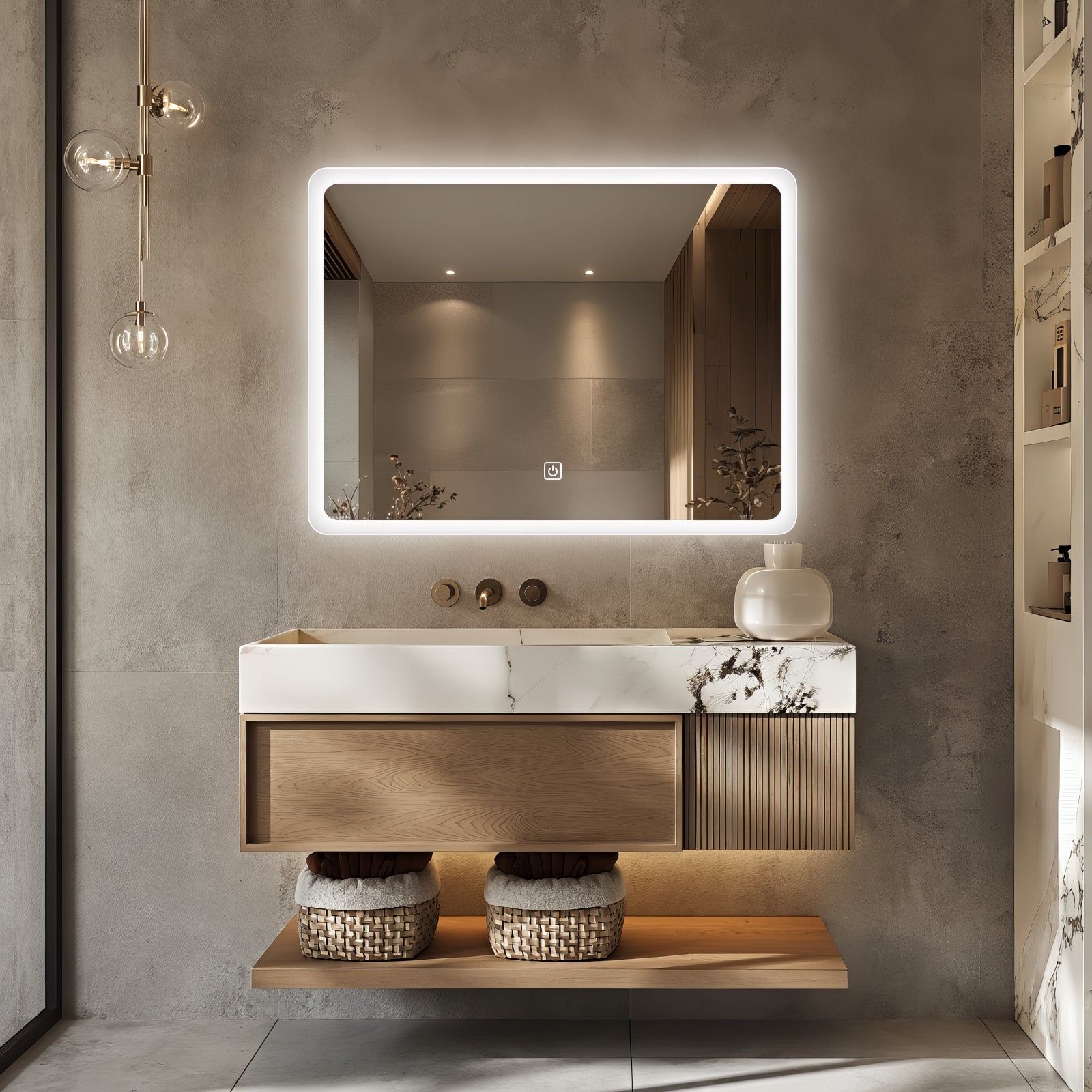 Miroir LED rectangulaire 80x60 cm: Élégant miroir de salle de bain rectangulaire avec éclairage LED intégré et contour givré.