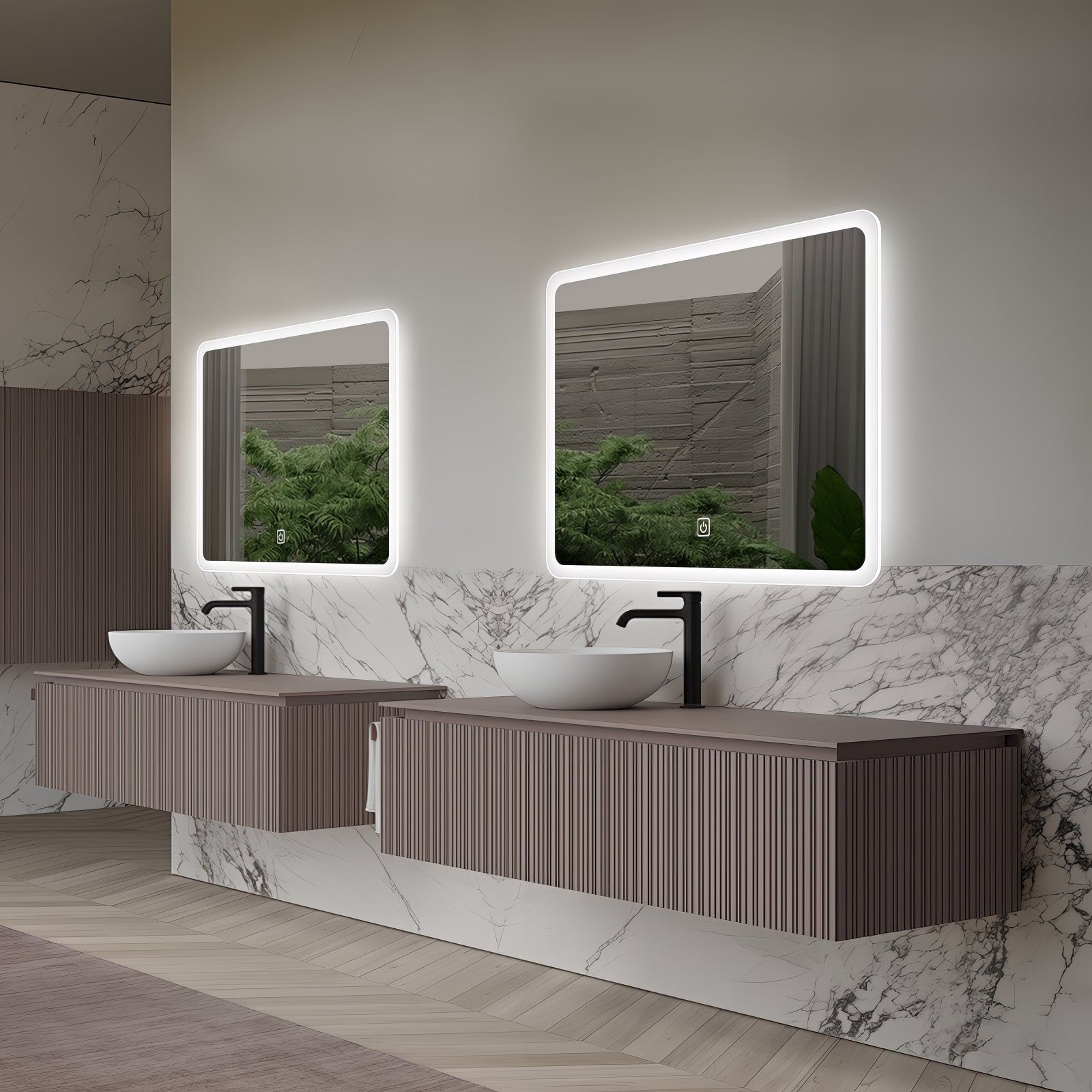 Miroir LED rectangulaire 80x60 cm : Miroir de salle de bain rectangulaire éclairé moderne avec bords givrés. Éclairage LED, meuble double vasque.