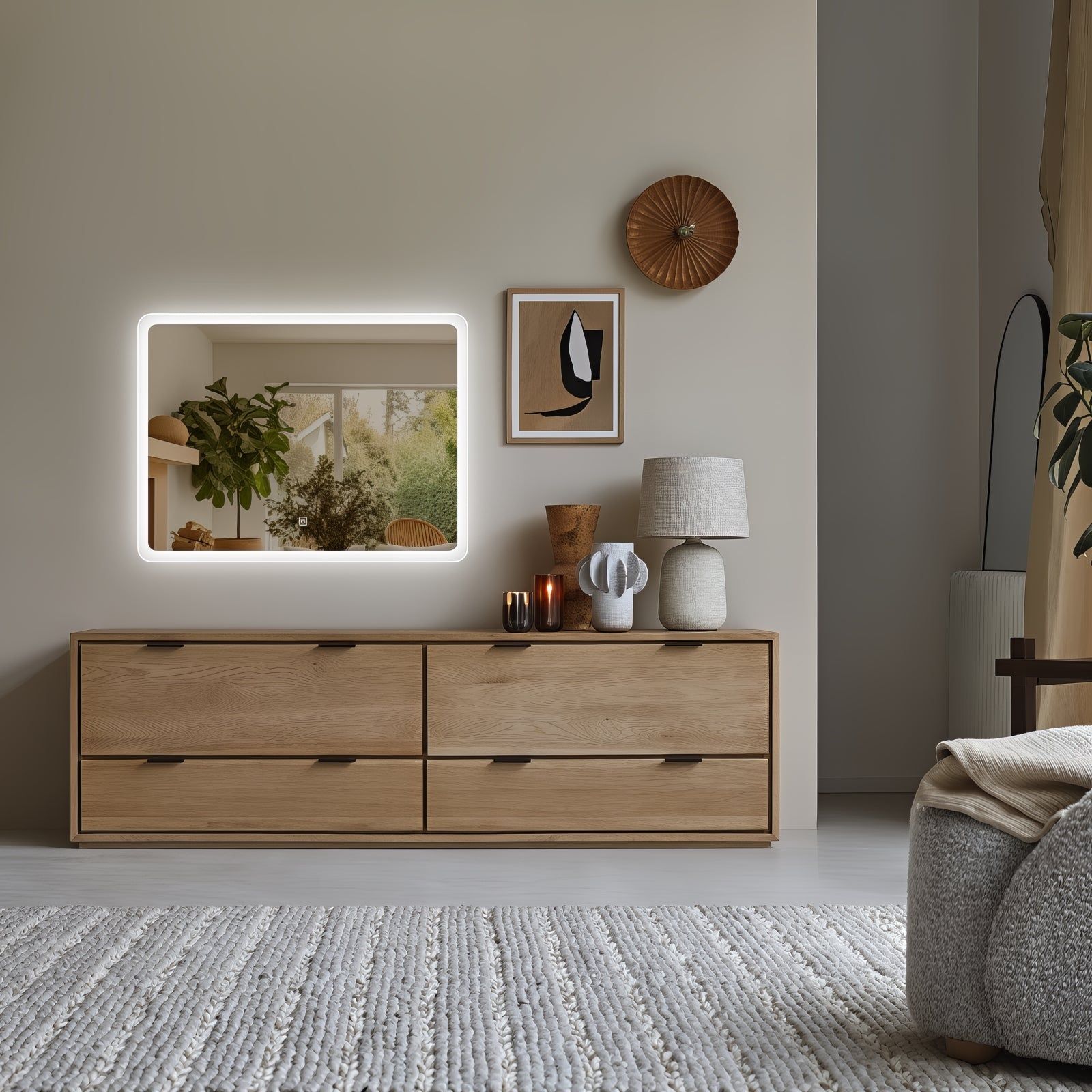 Miroir LED rectangulaire 80x60 cm : Miroir de salle de bain LED rectangulaire avec cadre dépoli, éclairé pour un éclairage optimal. Idéal pour une chambre ou une salle de bain.