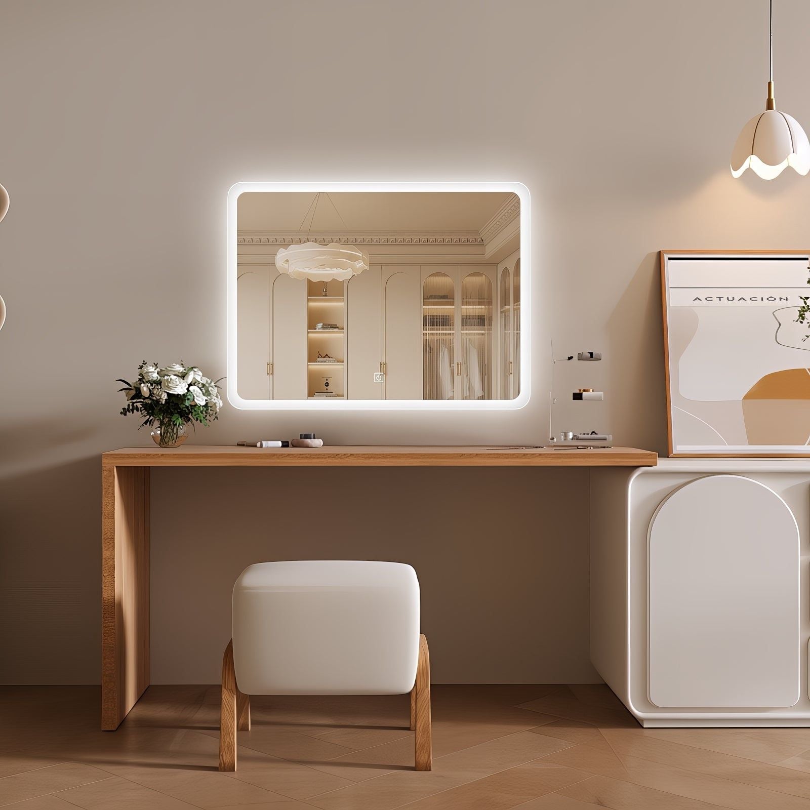 Miroir LED rectangulaire 80x60 cm avec contour givré : Miroir LED rectangulaire éclairé 80x60cm avec cadre givré, parfait pour salle de bain ou vanité.