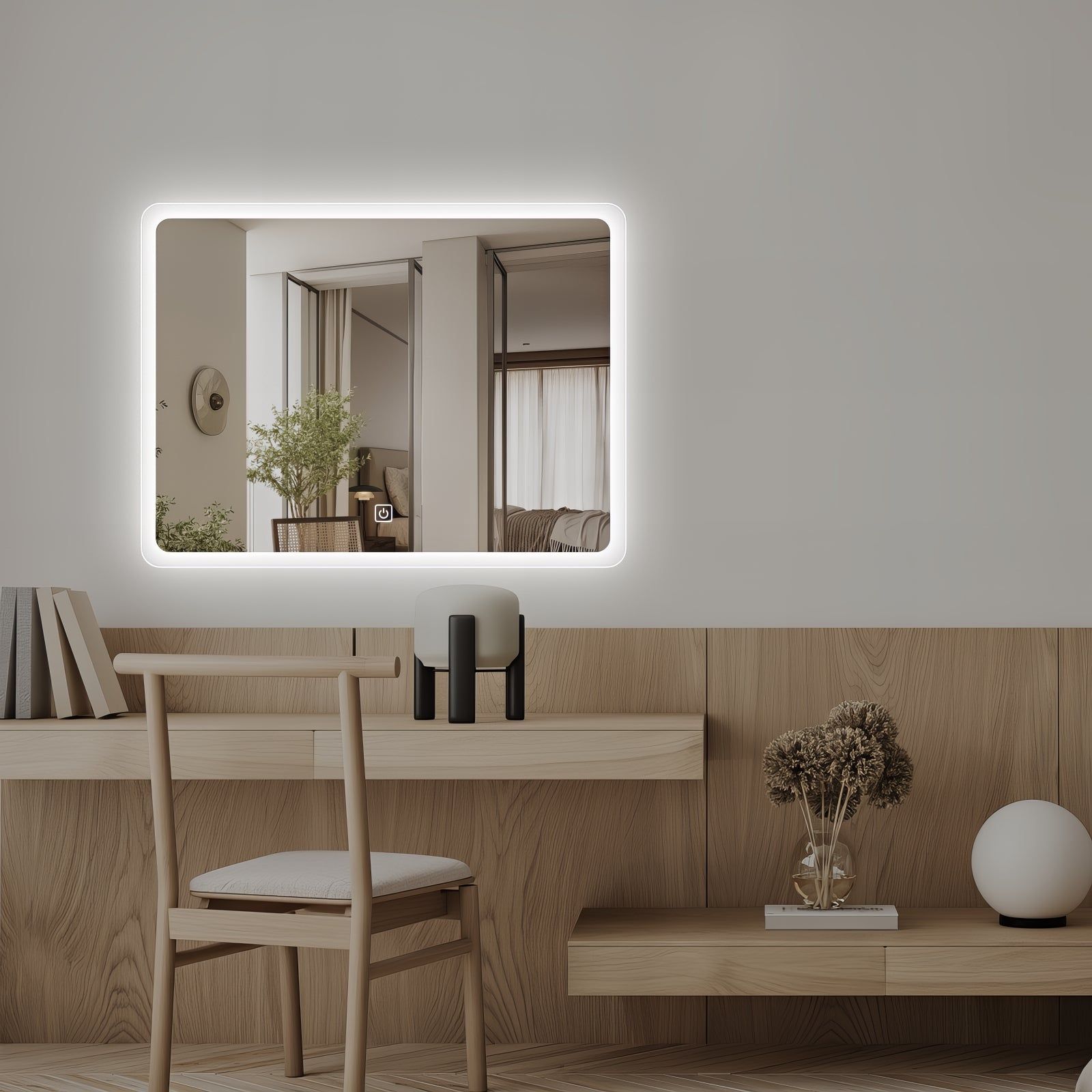 Miroir LED rectangulaire 80x60 cm : Miroir de salle de bain LED rectangulaire aux bords givrés, idéal pour un meuble-lavabo. Miroir éclairé qui reflète la chambre.