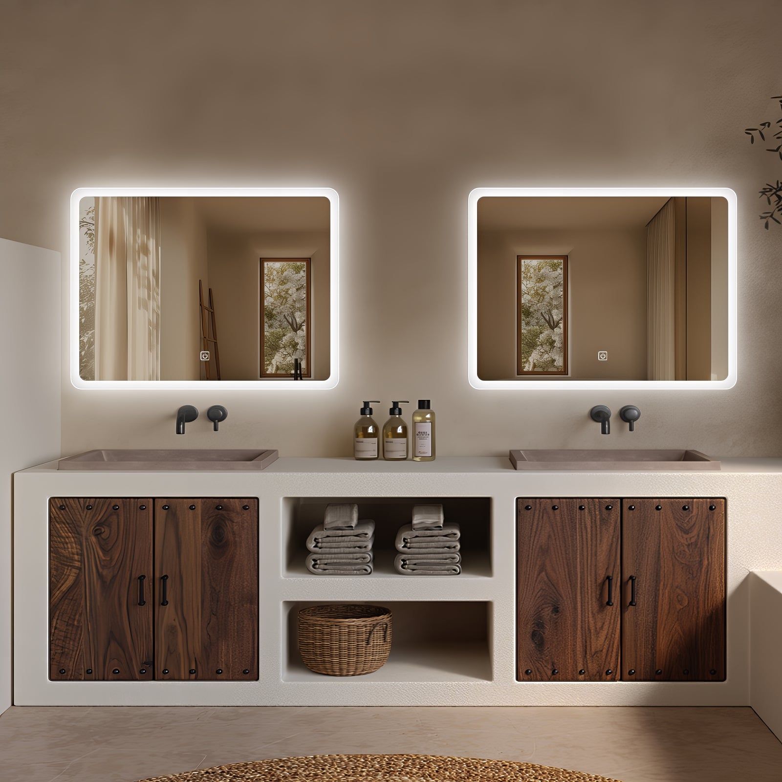 Miroir LED rectangulaire 80x60 cm : Miroirs de salle de bain LED doubles modernes (80x60cm), éclairés avec des bords givrés, au-dessus d'une élégante double vasque avec des armoires en bois.