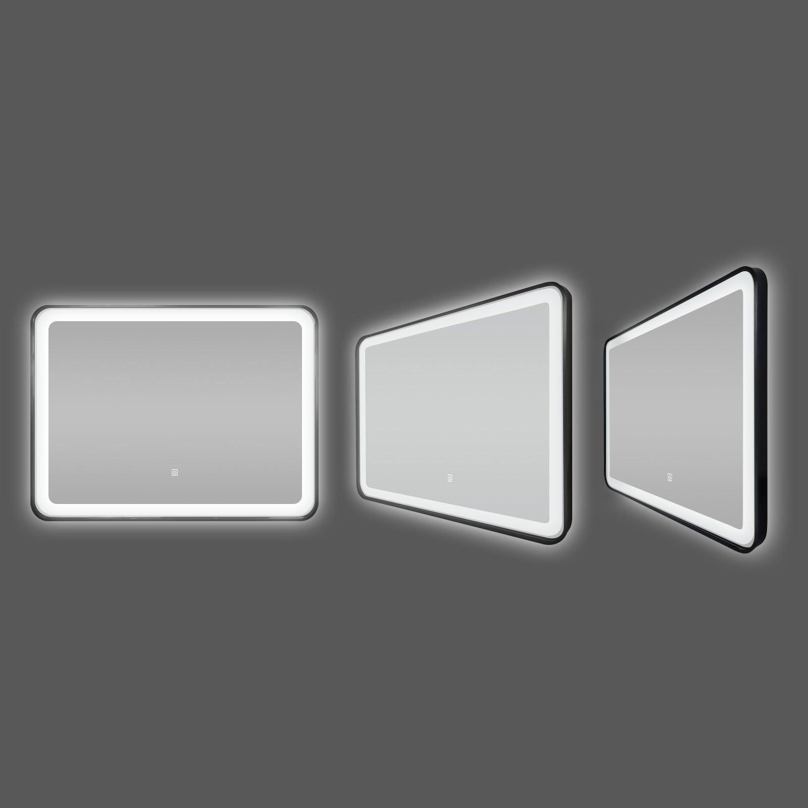 Miroir LED 60x80 cm : Miroir de salle de bain LED avec cadre en aluminium noir, présenté sous trois angles.