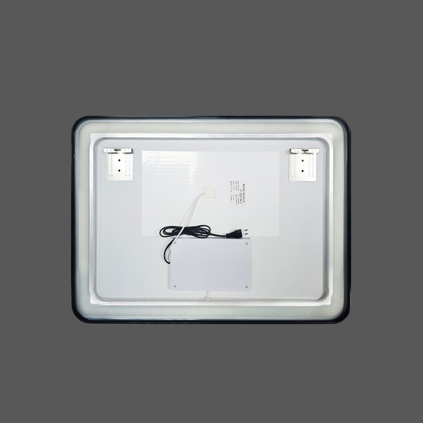 Miroir LED 60x80 cm avec cadre alu noir : Vue arrière d'un miroir de salle de bain LED 60x80 cm avec un cadre en aluminium noir, montrant les supports de montage et le câblage.