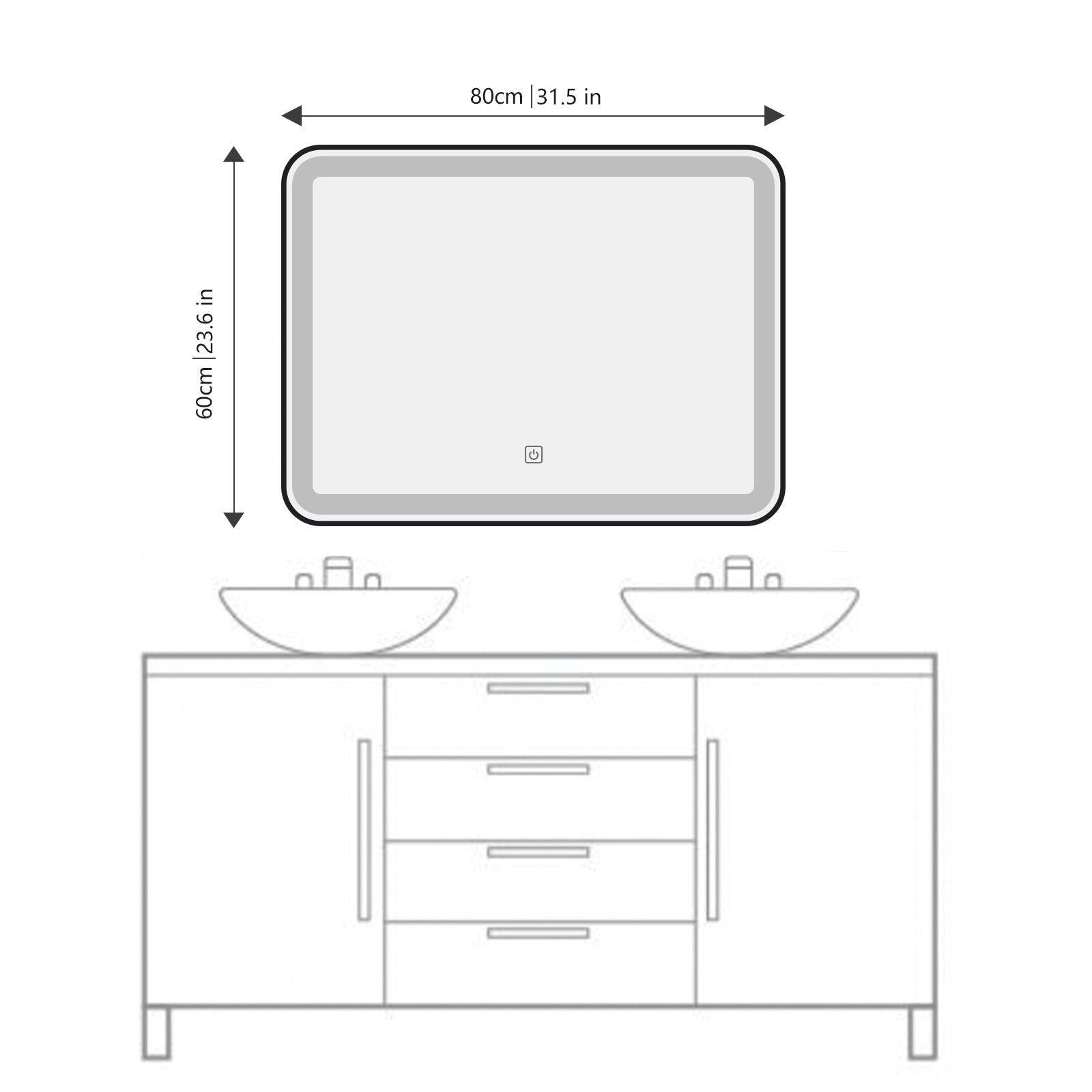 Miroir LED 60x80 cm avec cadre alu noir : Grand miroir de salle de bain éclairé LED (60x80cm) au dessus d'un meuble double vasque.