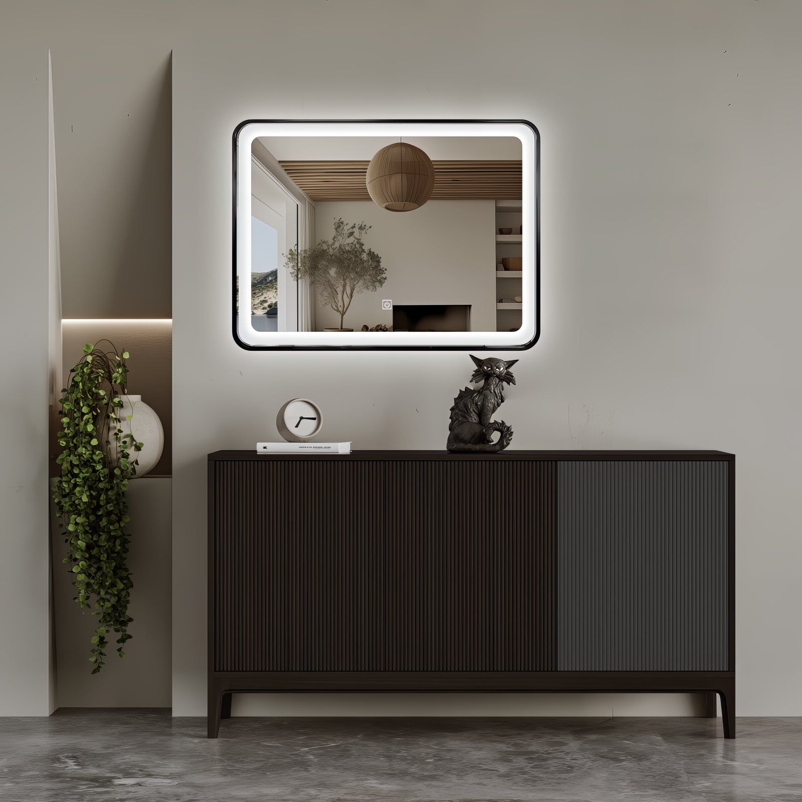 Miroir LED 60x80 cm avec cadre alu noir : Miroir de salle de bain LED moderne de 60x80 cm avec un élégant cadre en aluminium noir. Ce miroir lumineux ajoute une touche d'élégance à toute salle de bain moderne.