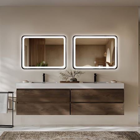 Miroir LED 60x80 cm avec cadre alu noir : Meuble de salle de bain double moderne avec deux vasques, armoires en bois et deux miroirs LED éclairés avec cadres en aluminium noir.