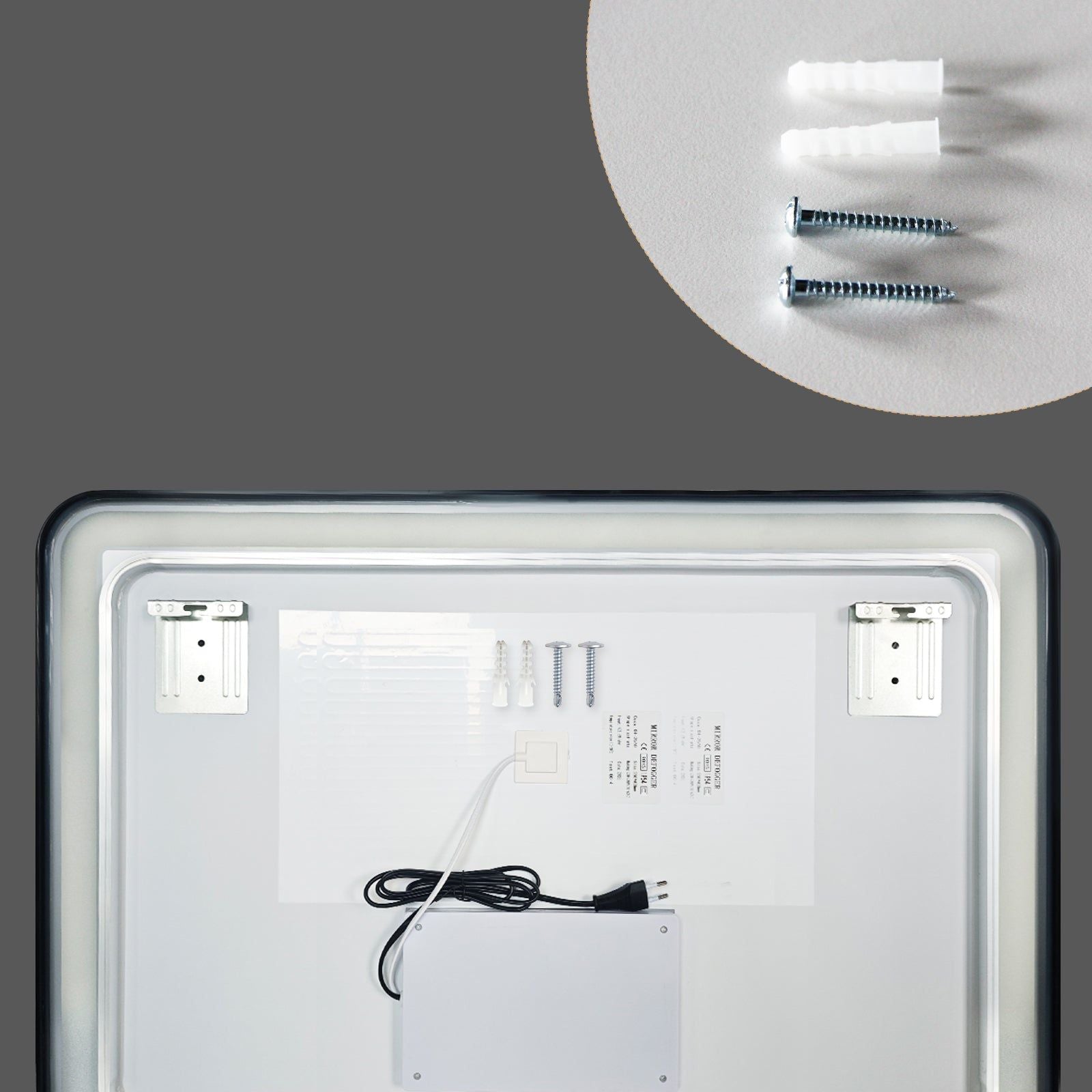 Miroir LED 70x100 cm : Vue arrière du miroir de salle de bain éclairé avec cadre en aluminium noir, montrant les supports de montage et les composants électriques.