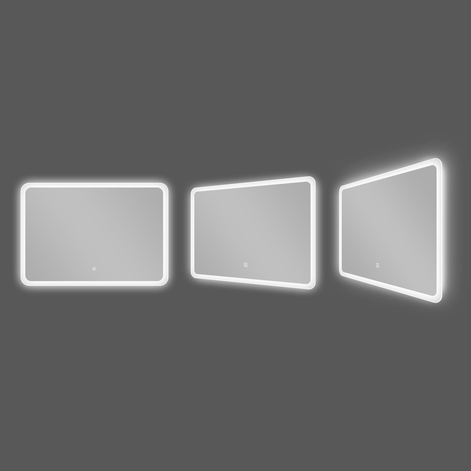 Miroir LED rectangulaire 80x60 cm : Trois vues d'un miroir de salle de bain LED rectangulaire avec un cadre dépoli.