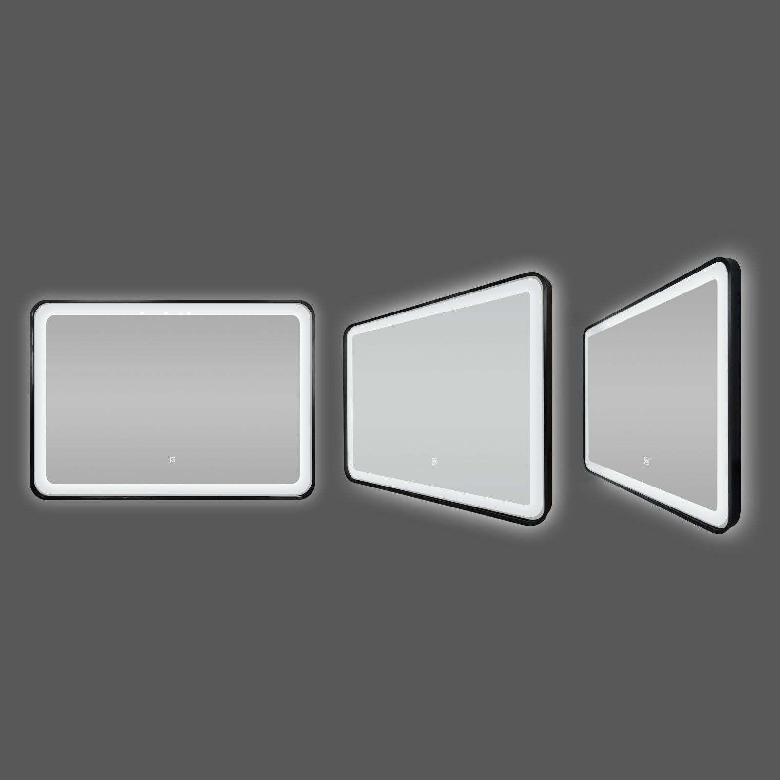 Miroir LED 70x100 cm : Miroir de salle de bain LED à cadre noir, plusieurs vues présentées.