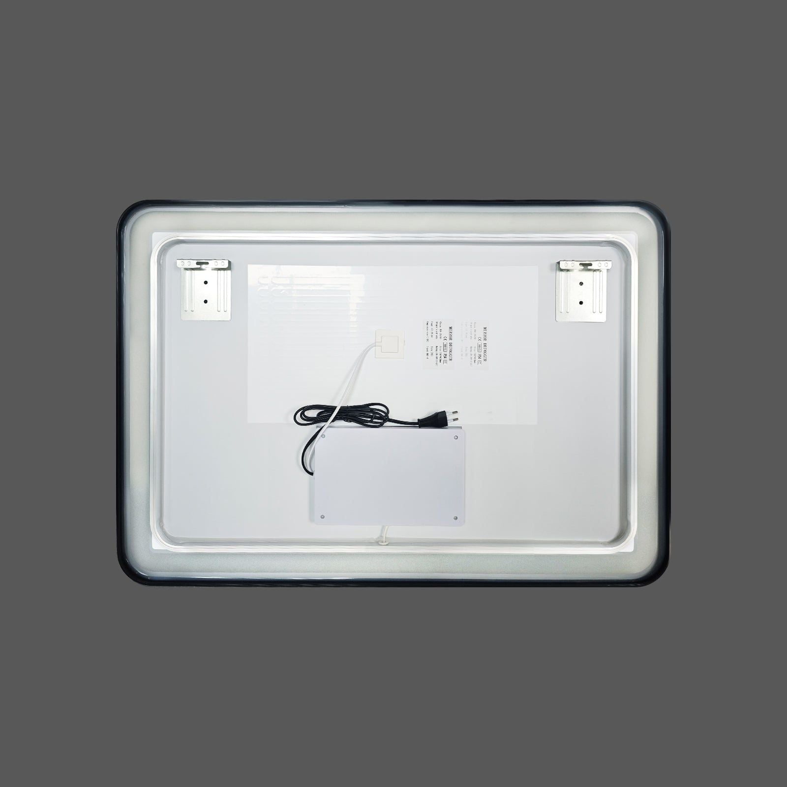 Miroir LED 70x100 cm : Vue arrière montrant le cadre en aluminium noir, les supports de montage, le cordon d'alimentation et le bloc d'alimentation.