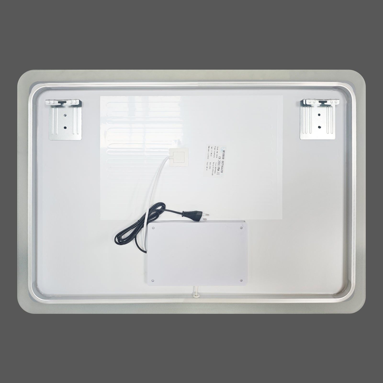 Miroir LED rectangulaire 80x60cm avec cadre givré : Vue arrière montrant les supports de montage, le câblage et l'alimentation.