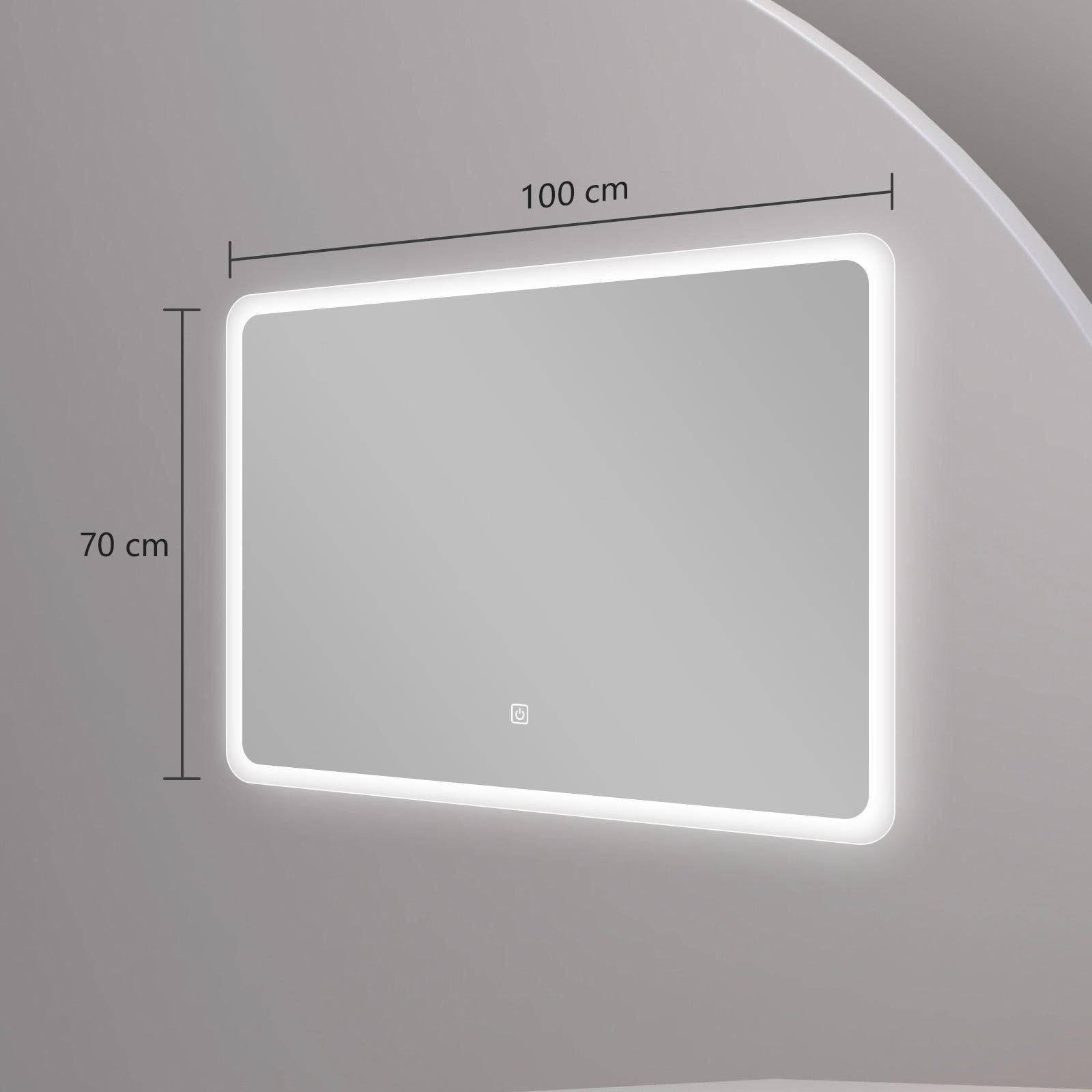 Miroir LED rectangulaire 80x60 cm : Miroir de salle de bain LED rectangulaire avec un bord dépoli, offrant un éclairage lumineux.