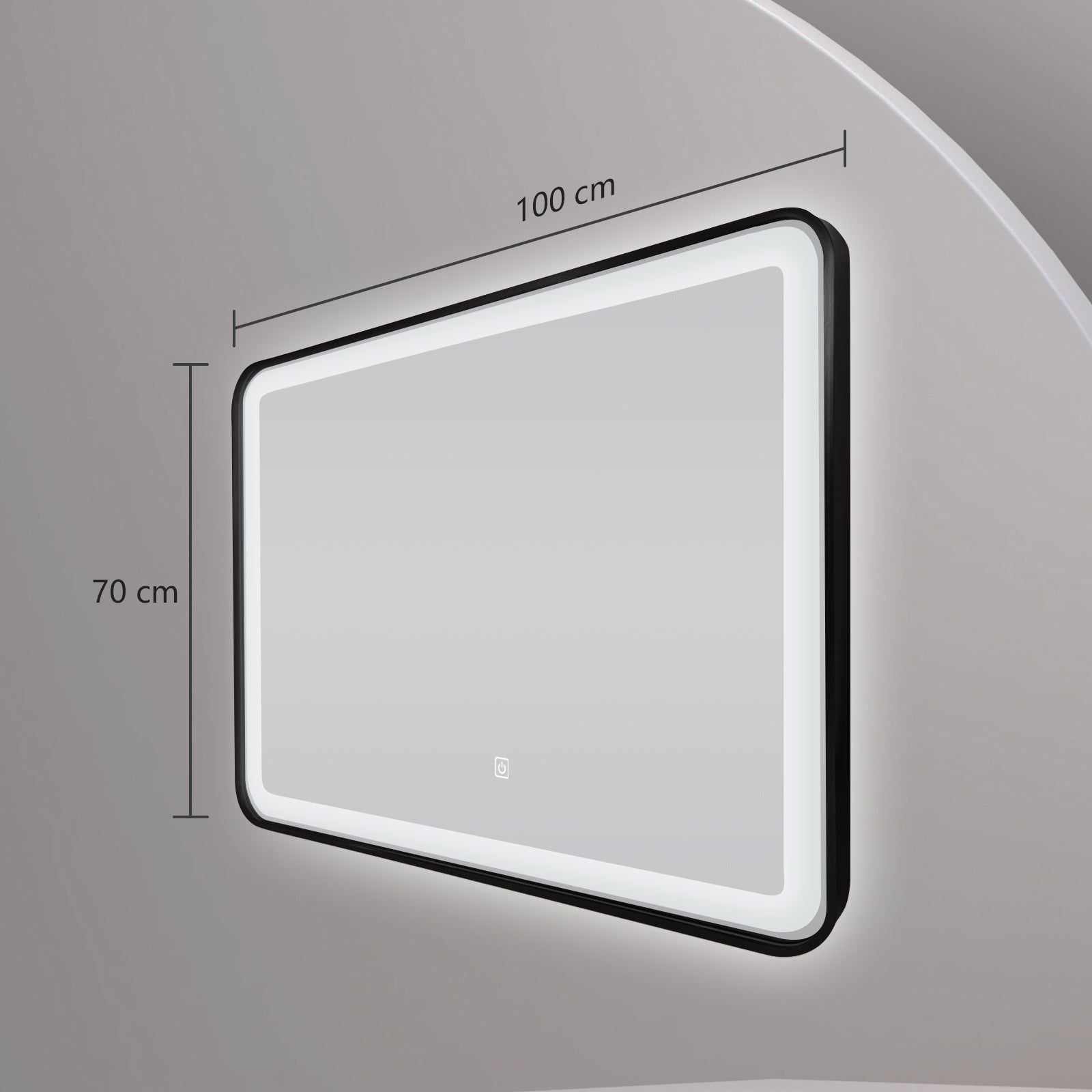 Miroir LED 70x100 cm avec cadre alu noir : Miroir de salle de bain LED moderne 70x100 cm avec un cadre en aluminium noir élégant.