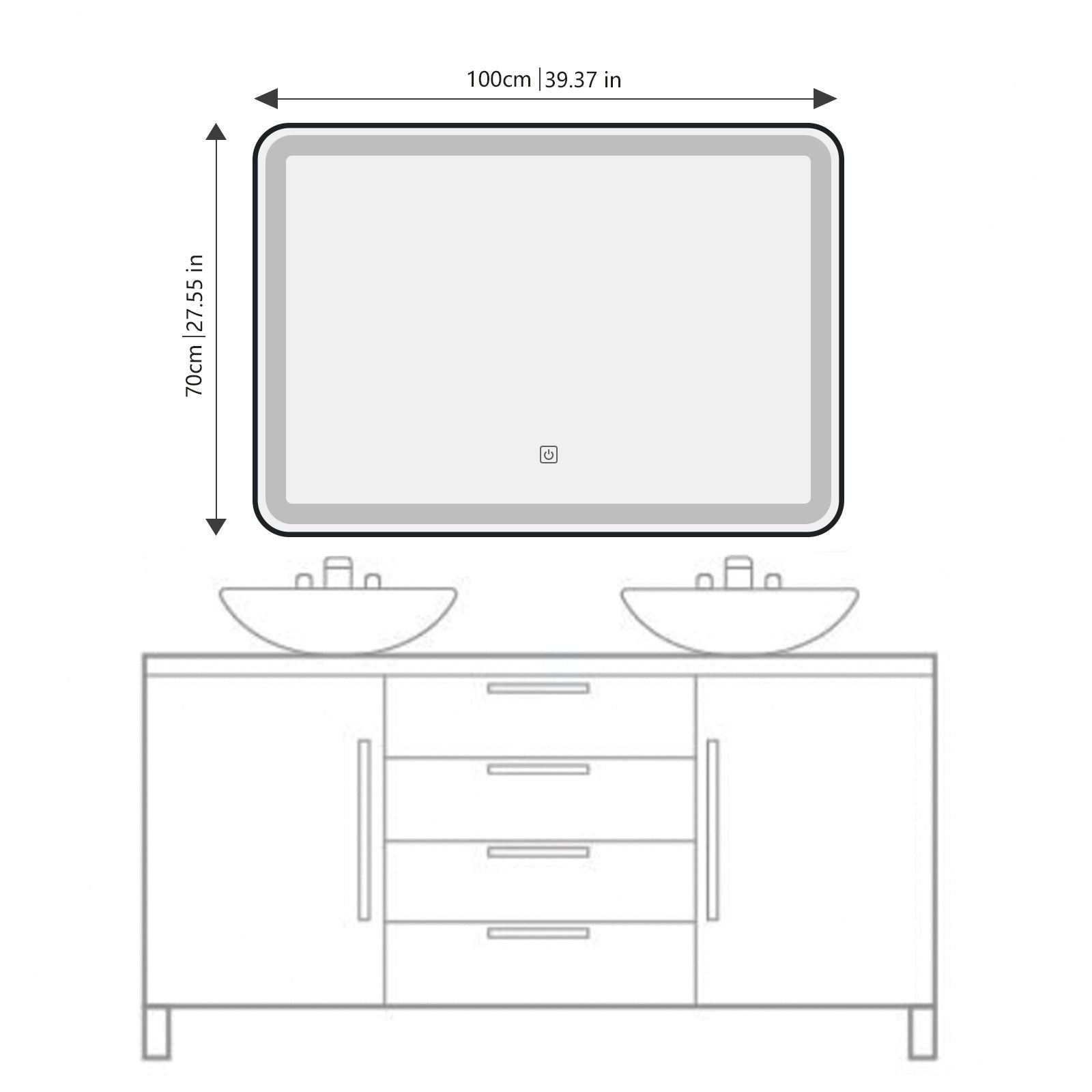 Miroir LED 70x100 cm : Miroir de salle de bain LED 70x100cm avec cadre en aluminium noir, double vasque
