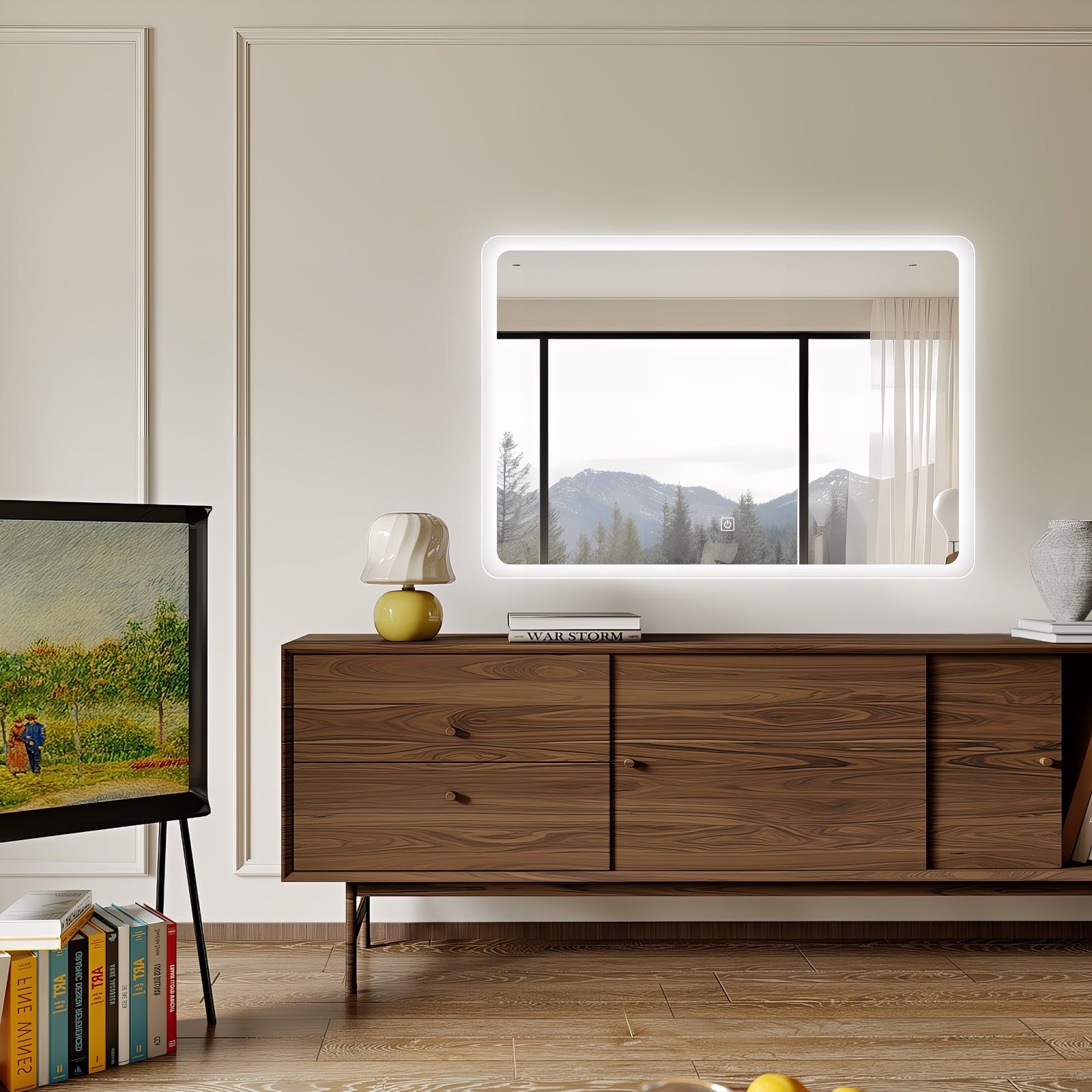 Miroir LED rectangulaire 80x60 cm avec cadre givré. Miroir de salle de bain éclairé pour une décoration moderne.