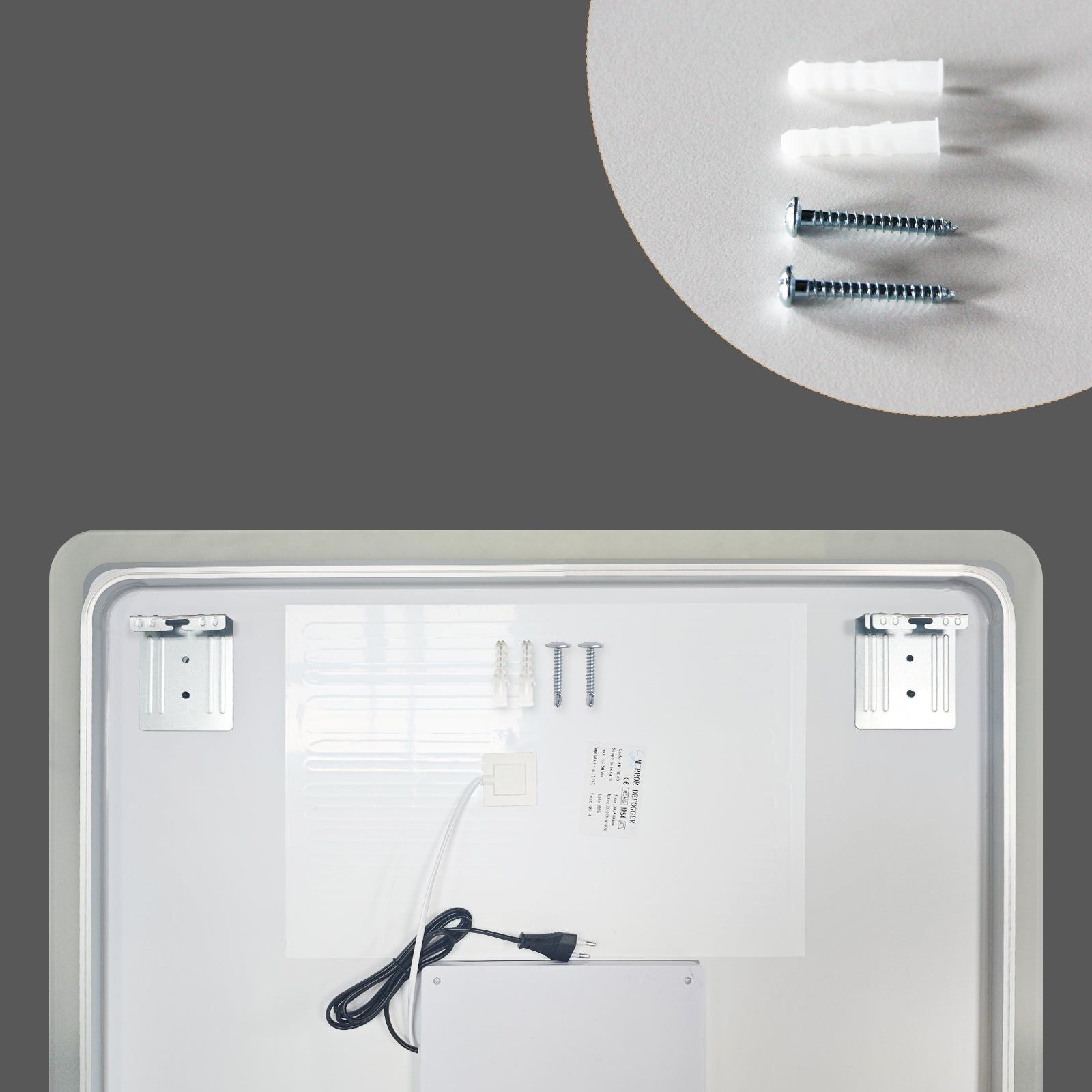 Miroir LED rectangulaire 80x60 cm : Vue arrière montrant le matériel d'installation pour miroir de salle de bain LED rectangulaire avec cadre dépoli.