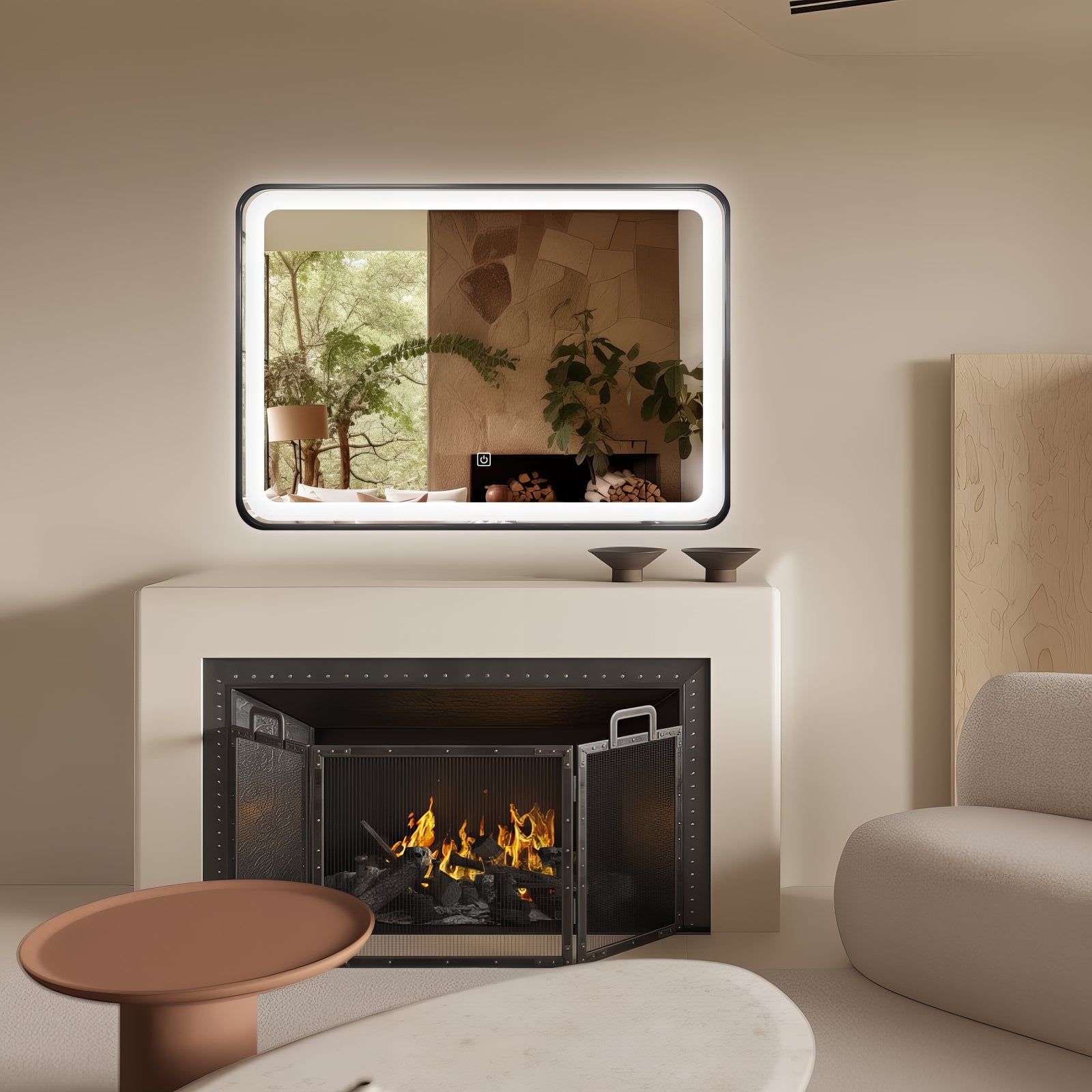 Miroir LED 70x100 cm avec cadre alu noir : Miroir de salle de bain LED moderne 70x100 cm avec un cadre en aluminium noir élégant.