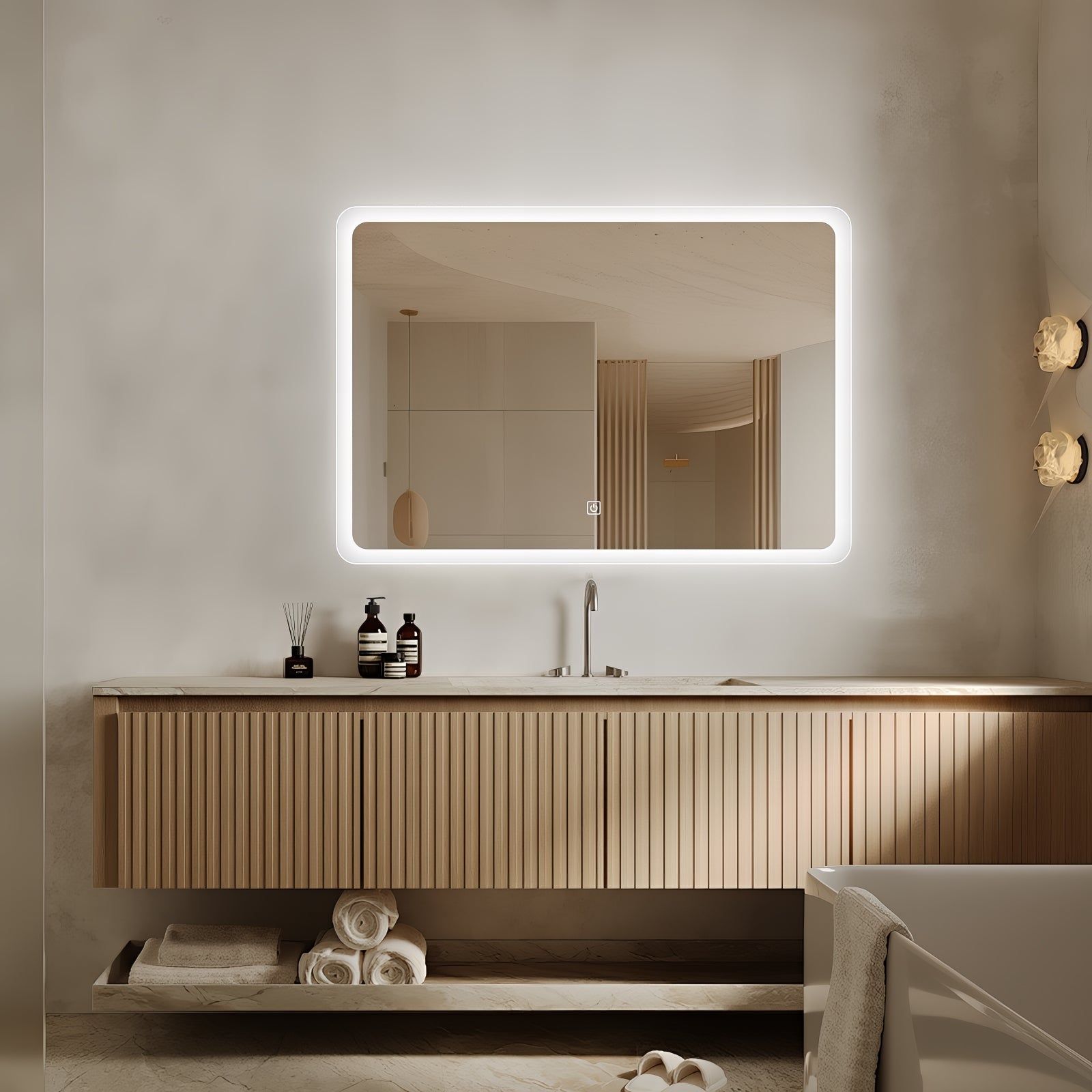 Miroir LED rectangulaire 80x60 cm : Miroir de salle de bain LED rectangulaire avec cadre dépoli, éclairé pour un éclairage optimal de la salle de bain.