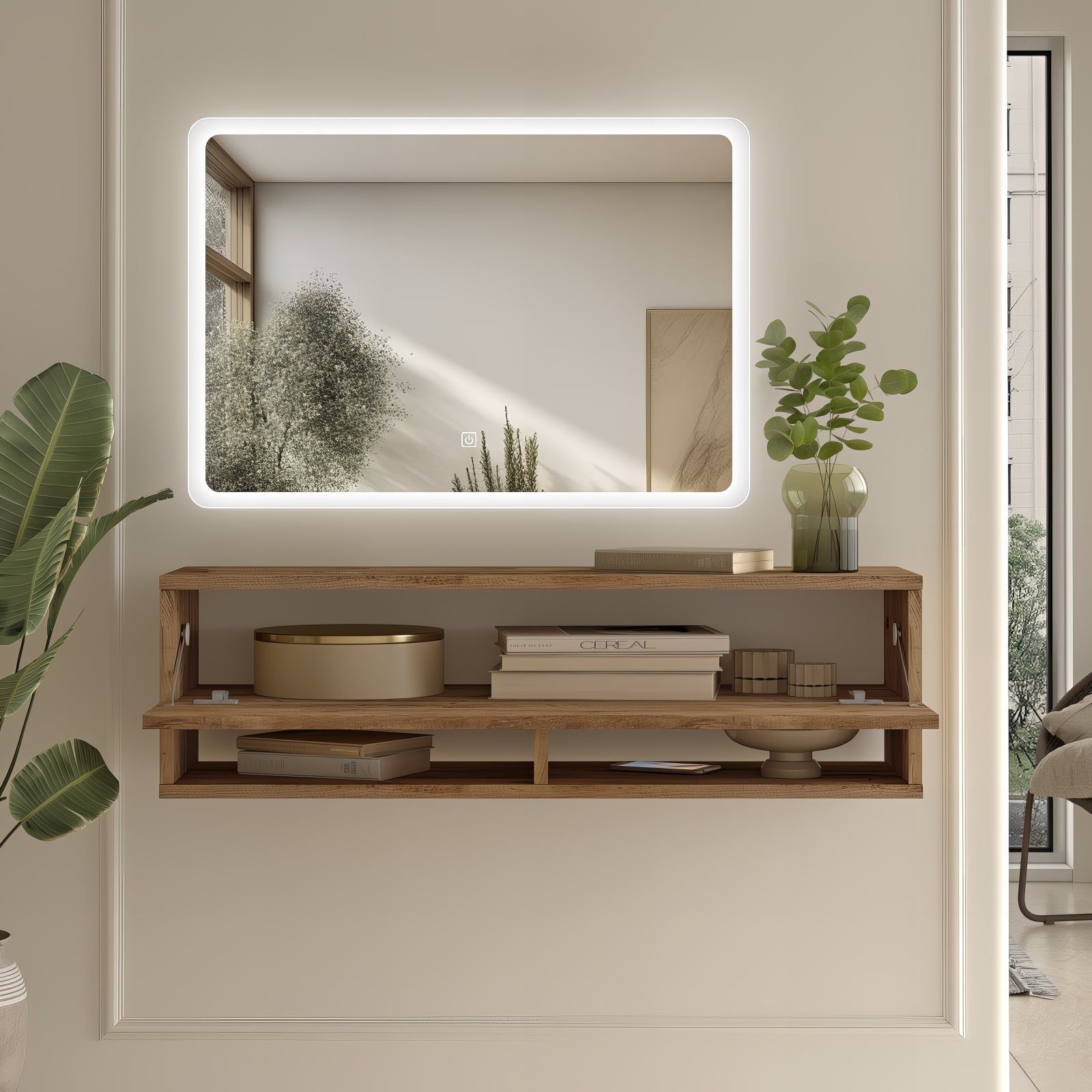 Miroir LED rectangulaire 80x60 cm : Miroir de salle de bain LED rectangulaire moderne avec bord dépoli, éclairé, monté au-dessus d'une élégante étagère en bois.