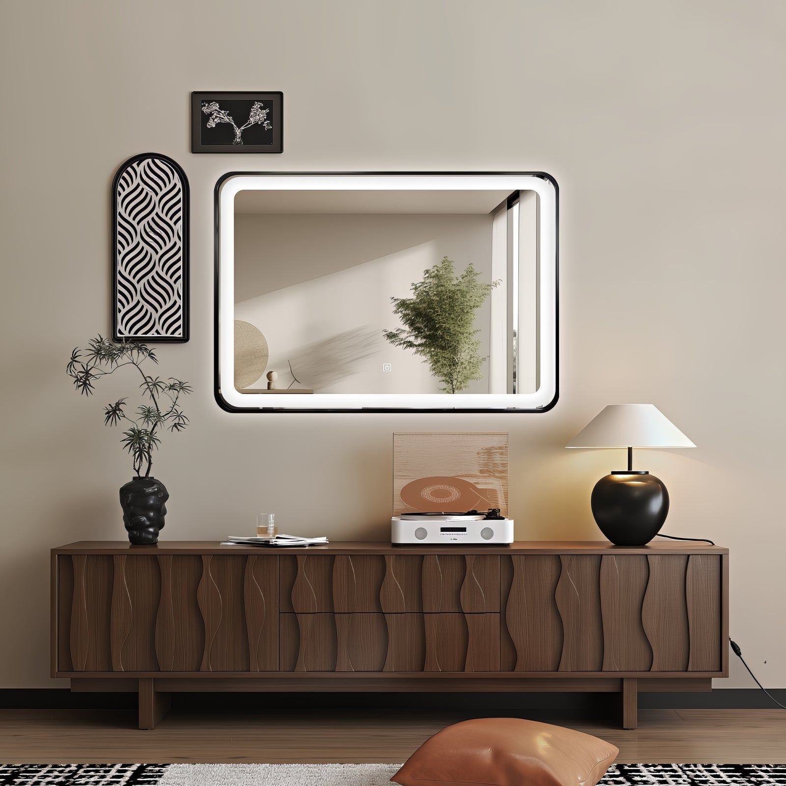 Miroir LED 70x100 cm avec cadre alu noir : Miroir de salle de bain LED moderne 70x100cm avec cadre en aluminium noir.