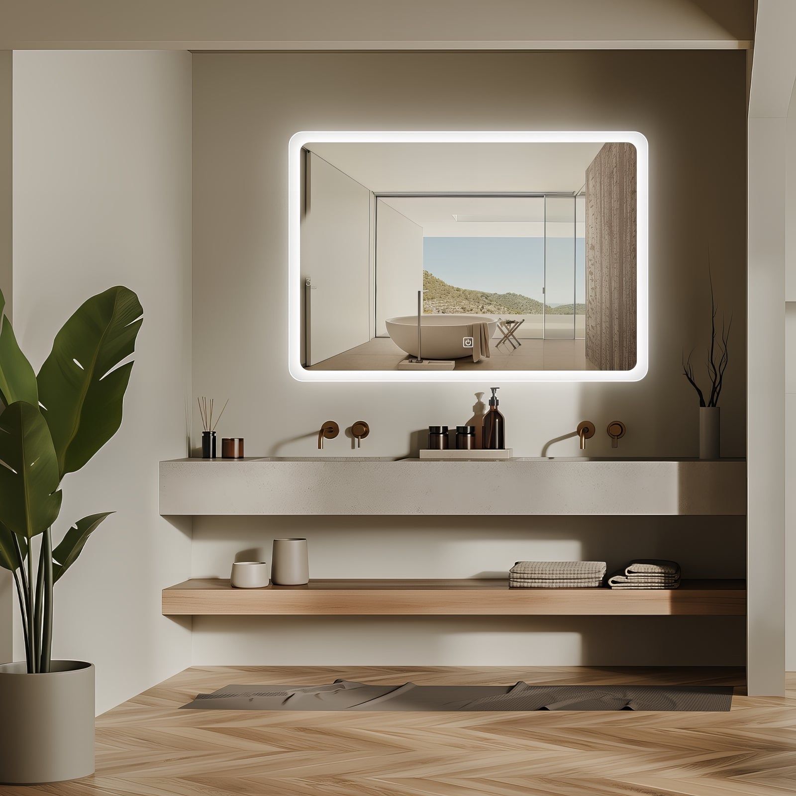 Miroir de salle de bain LED rectangulaire 80x60cm : Miroir lumineux moderne avec cadre givré, parfait pour les salles de bain contemporaines.