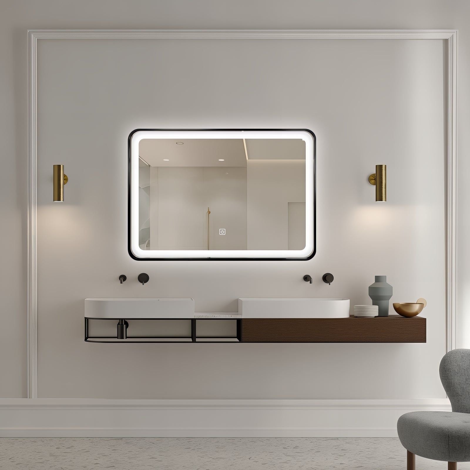 Miroir LED 70x100 cm avec cadre alu noir : Miroir de salle de bain LED 70x100 cm avec cadre en aluminium noir élégant. Éclairage pour un style moderne.