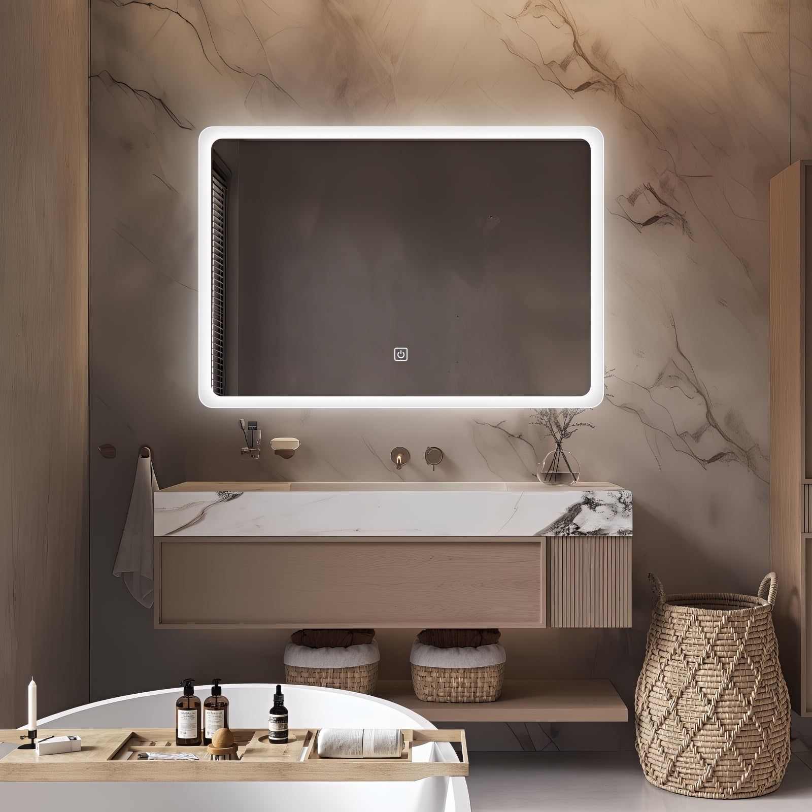 Miroir LED rectangulaire 80x60 cm : Grand miroir de salle de bain LED rectangulaire avec cadre givré, parfait pour les salles de bain modernes.