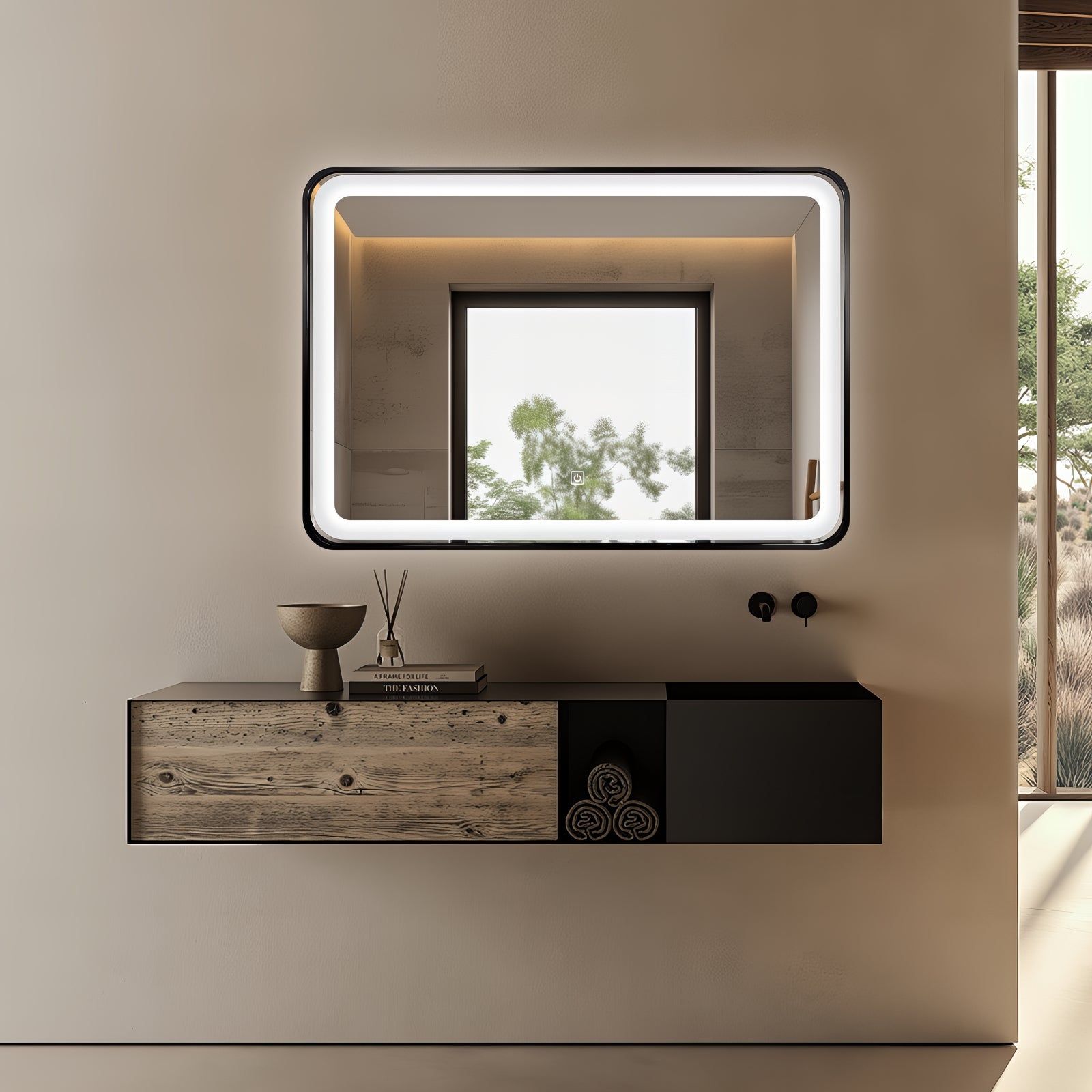 Miroir LED 70x100 cm avec cadre alu noir : Miroir de salle de bain lumineux moderne avec cadre en aluminium noir, 70x100cm.