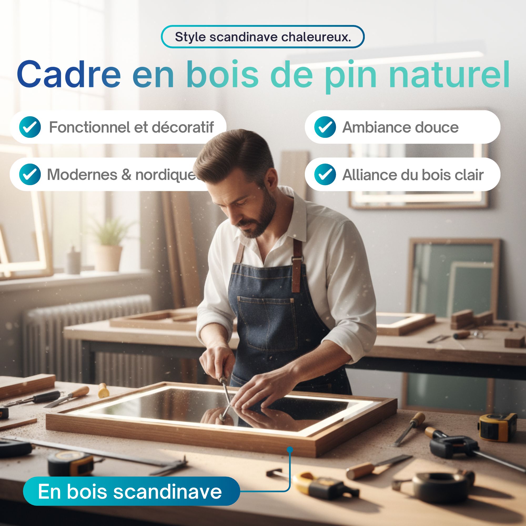 Miroir lumineux LED avec cadre bois