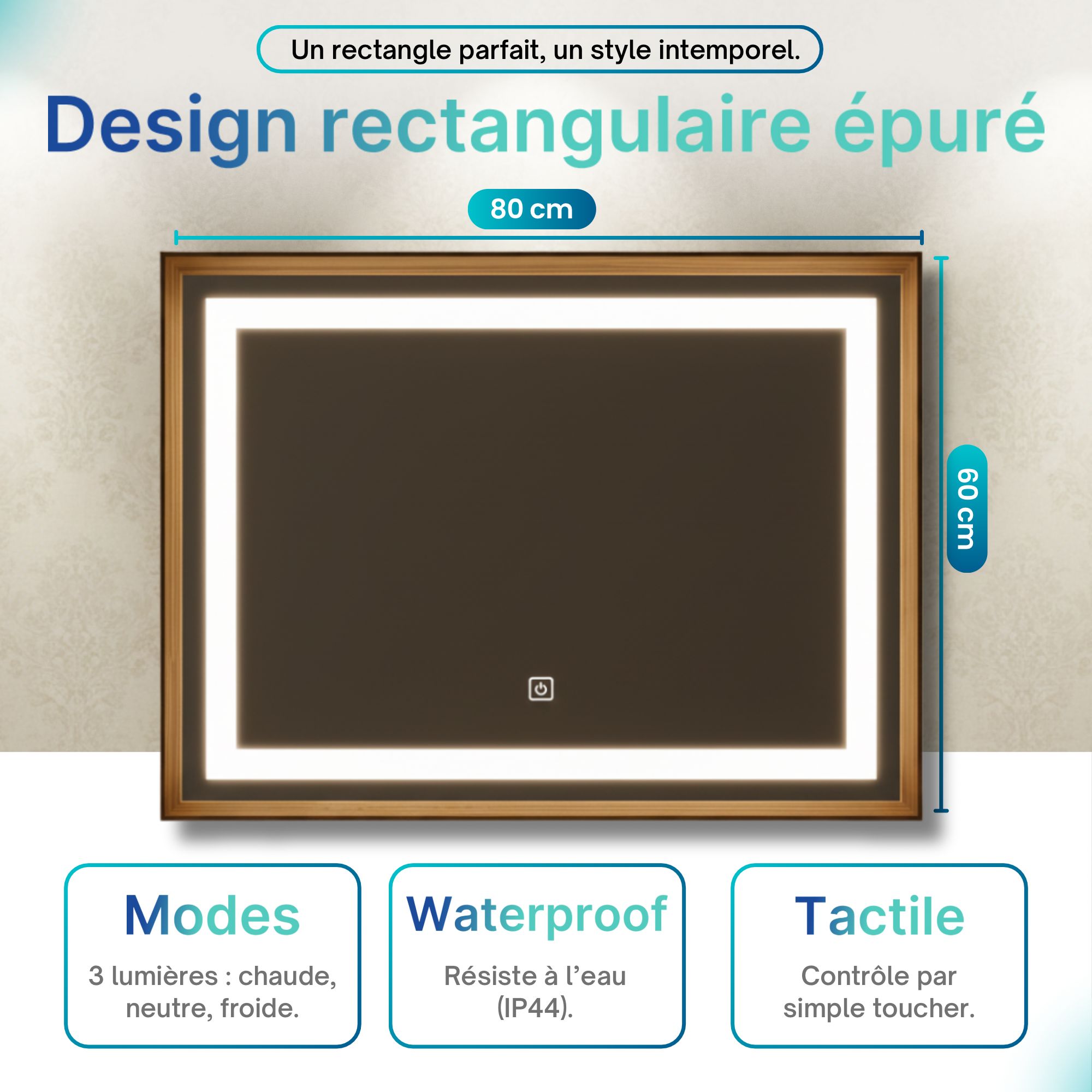 Miroir lumineux LED avec cadre bois