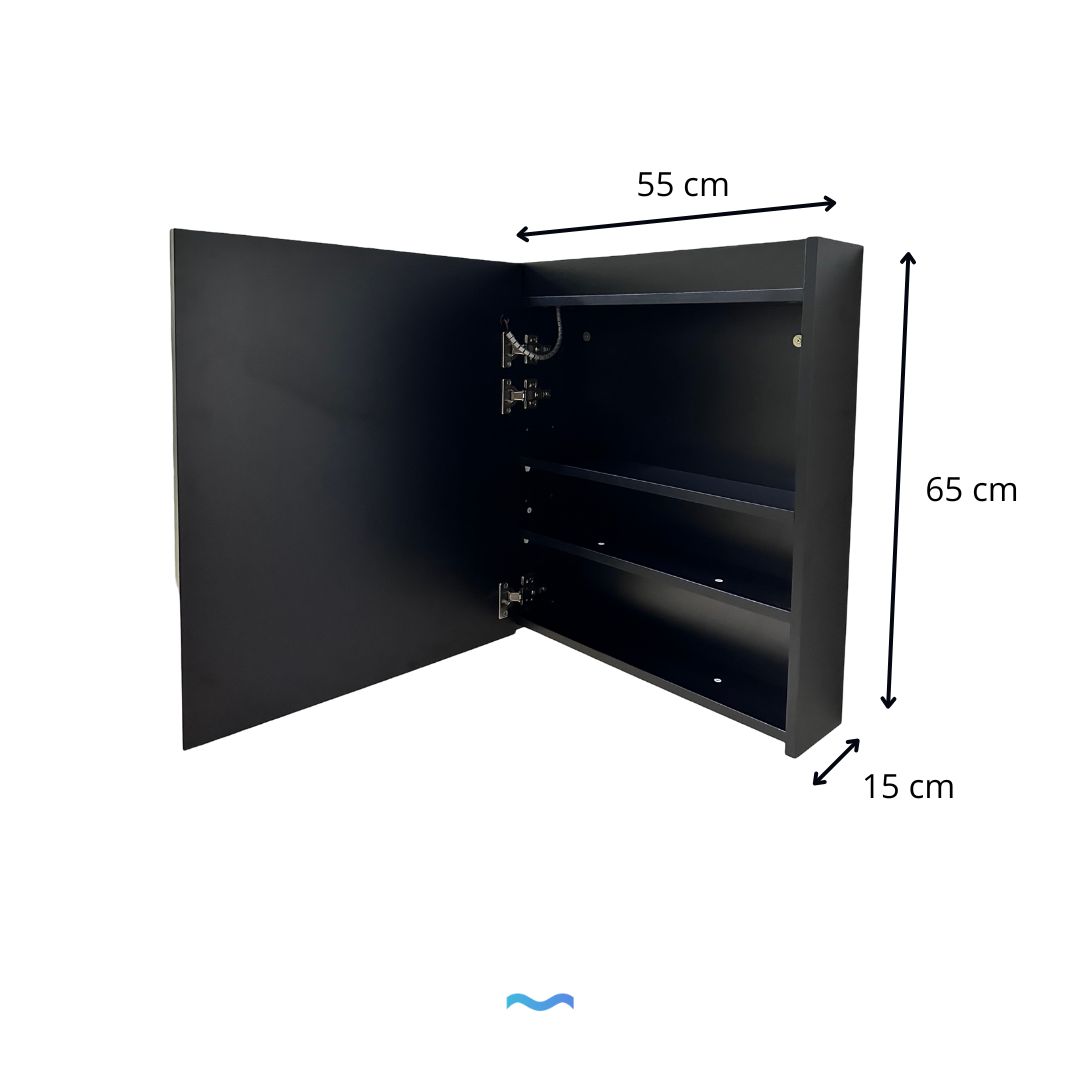 Meuble de salle de bain miroir LED noir (55x15x65cm) : Trois étagères, parfait pour le rangement.