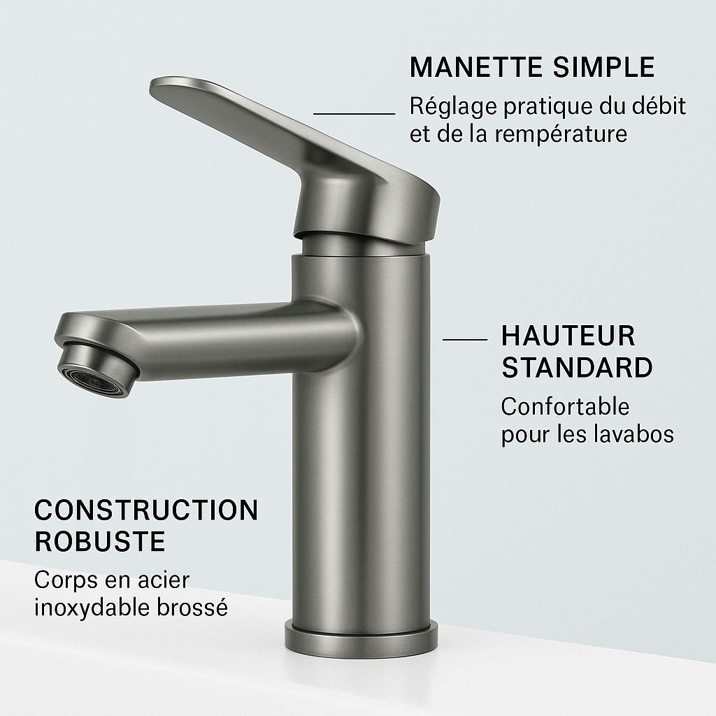 Mitigeur de lavabo de salle de bain gris métalisé, design compact, style moderne