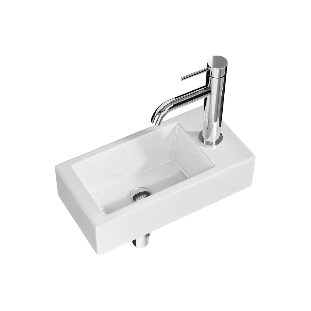 Lavabo mural avec robinet chromé, 36,5 x 18 x 9 cm. Design rectangulaire moderne, idéal pour les petits espaces.