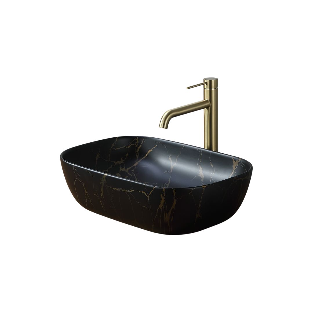 Vasque rectangulaire noir effet volcan (46 × 32 cm): Elegant black rectangular sink with gold marble effect, 46x32cm