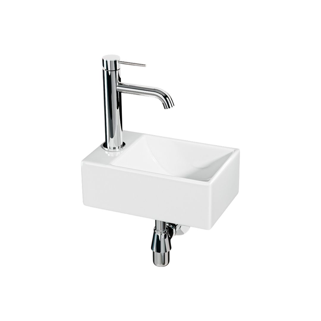 Mini lave-mains blanc sortie gauche : Évier mural compact blanc (30x19x11cm) avec robinet chromé