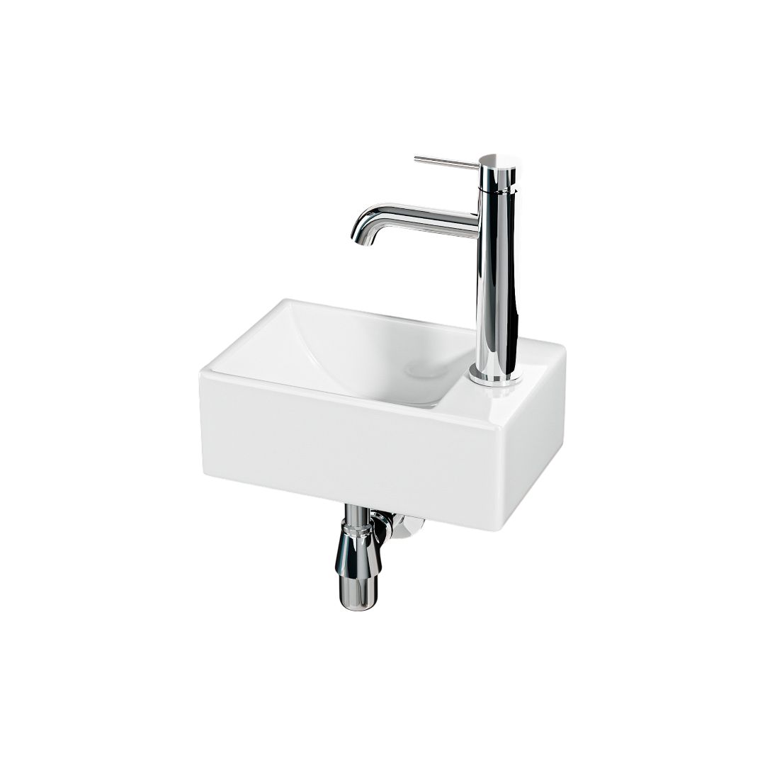 Mini lave-mains blanc sortie droite : Évier mural compact blanc (30x19x11cm) avec robinet chromé
