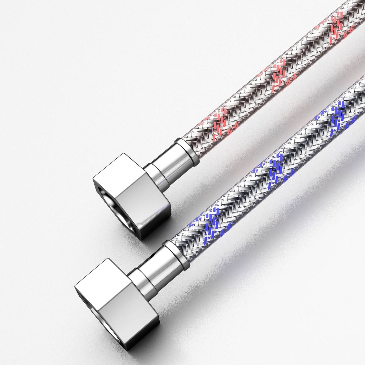 Robinet à bec court - Nickel brossé/Chrome : Tuyaux d'alimentation coudés avec raccords chromés, tressés pour une durabilité accrue. Idéal pour la robinetterie et la plomberie.