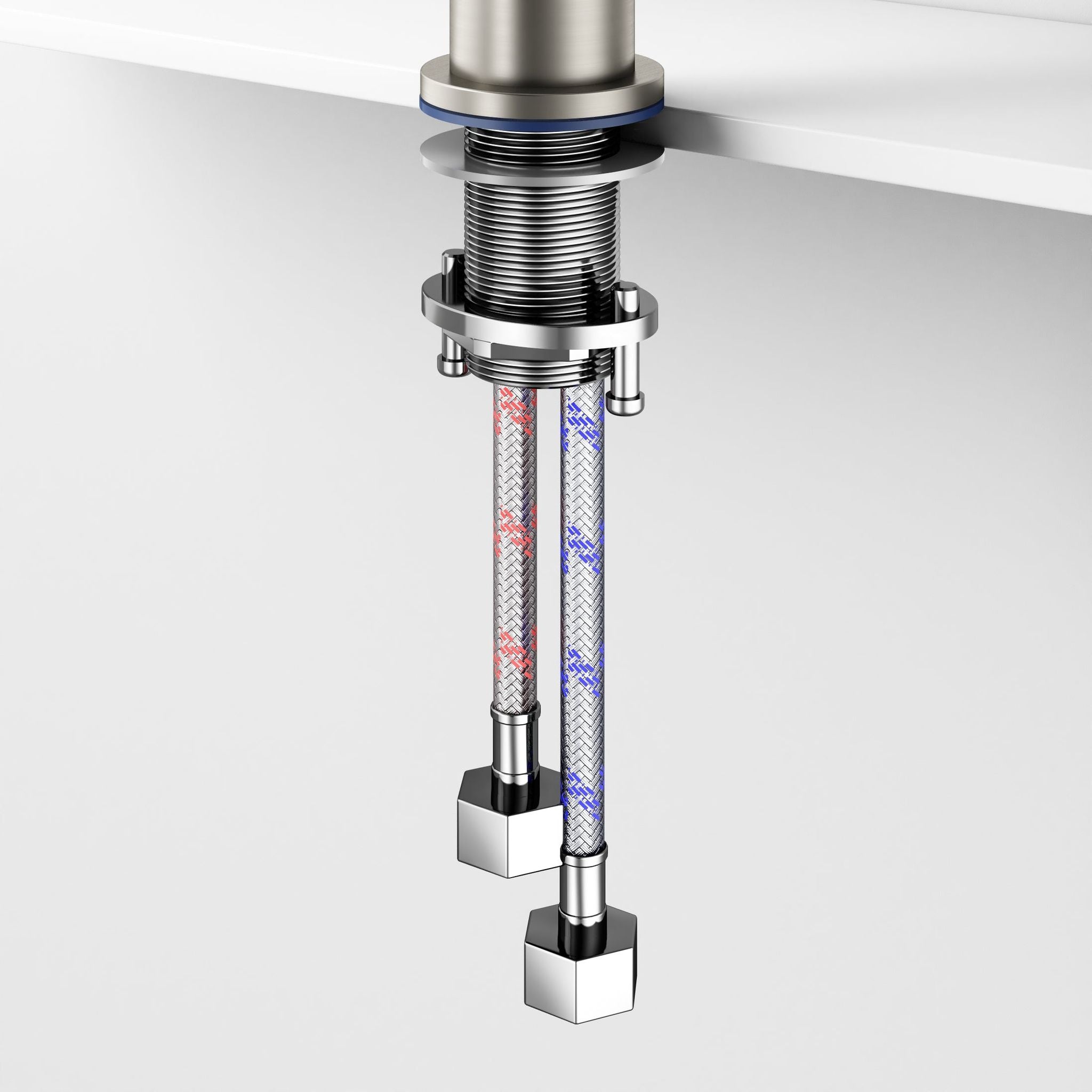 Robinet à bec court - Nickel brossé/Chrome : Gros plan sur les raccords de plomberie sous l'évier avec tuyaux rouges et bleus. Robinet de salle de bain chromé.