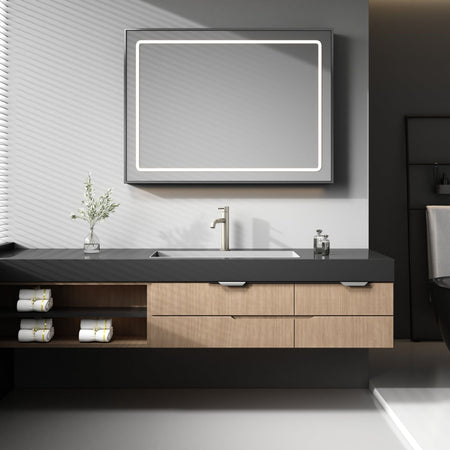 Robinet à bec court - Nickel brossé/Chrome : Robinet de salle de bain moderne avec bec court, finition nickel et accents chromés