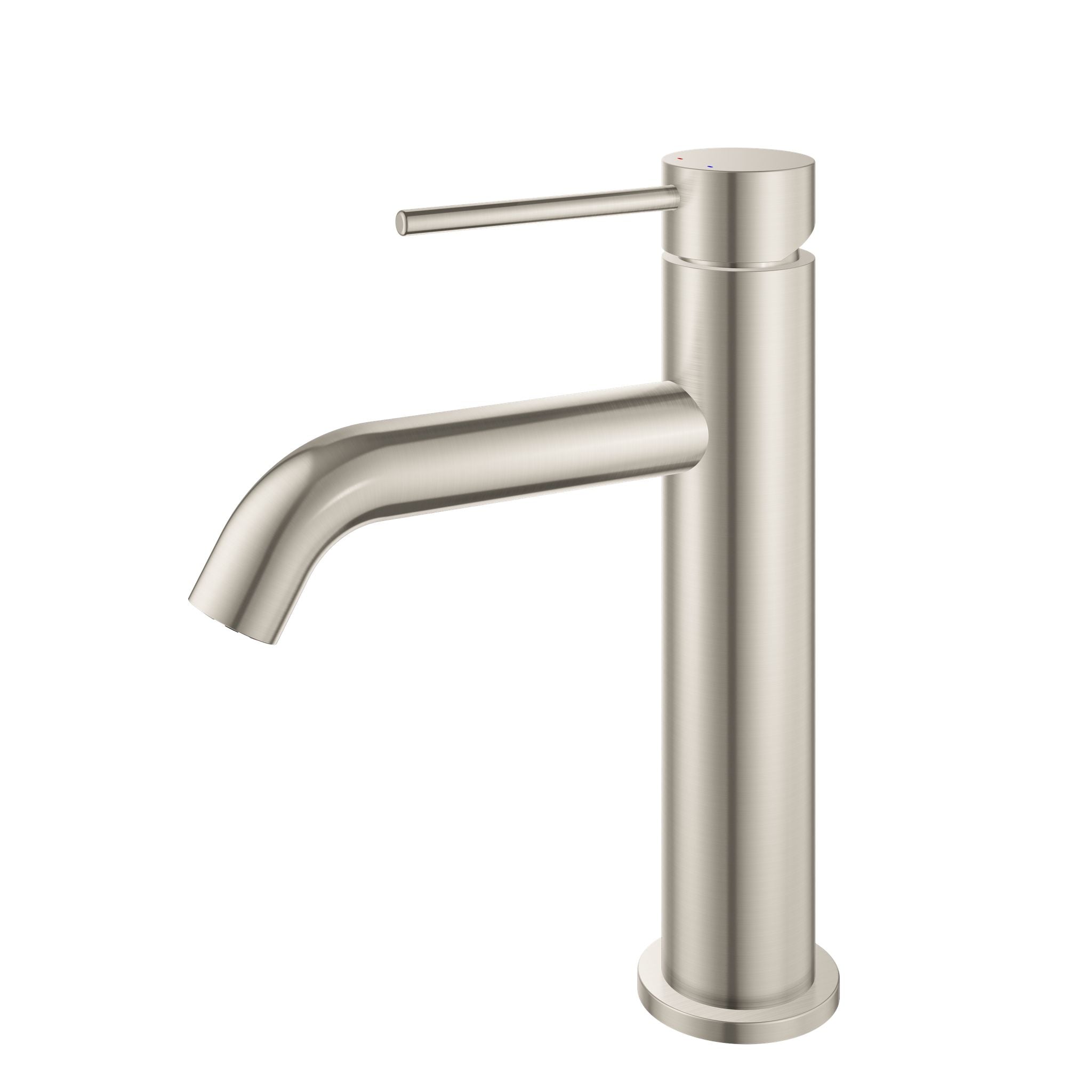 Robinet à bec court - Nickel brossé/Chrome : Robinet de salle de bain moderne avec bec court, finition nickel brossé, pour plomberie.