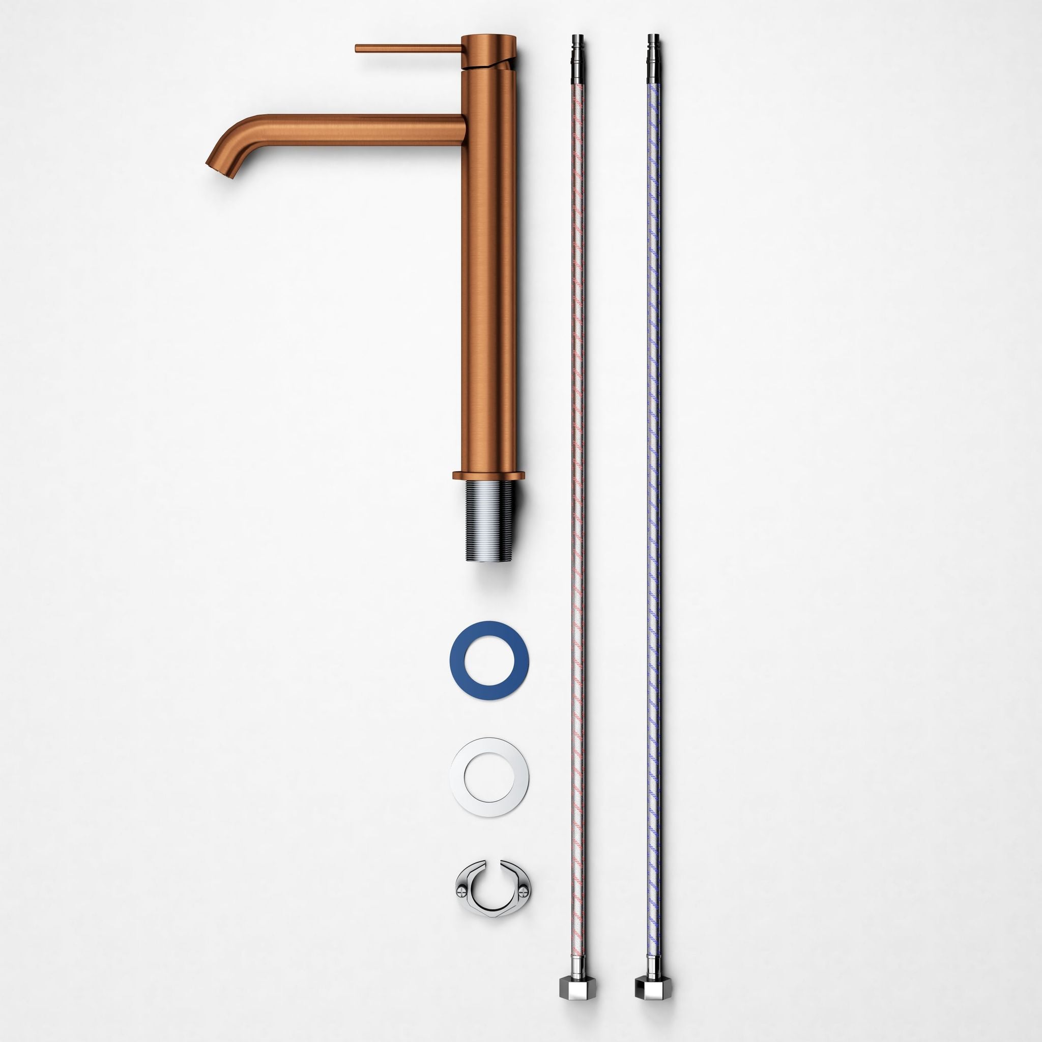 Robinet à bec haut 30 cm – Finition cuivre brossé (Rose Gold) et ses composants.