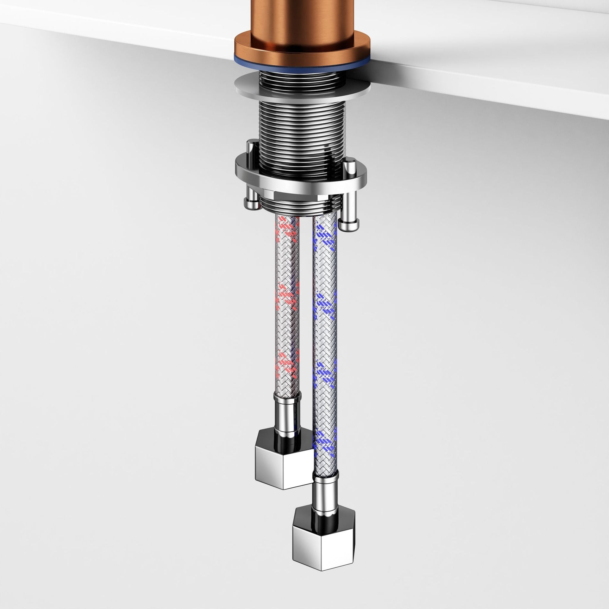 Robinet à bec haut 30 cm cuivre brossé (Rose Gold) en cours d'installation, montrant les tuyaux d'eau chaude et froide.