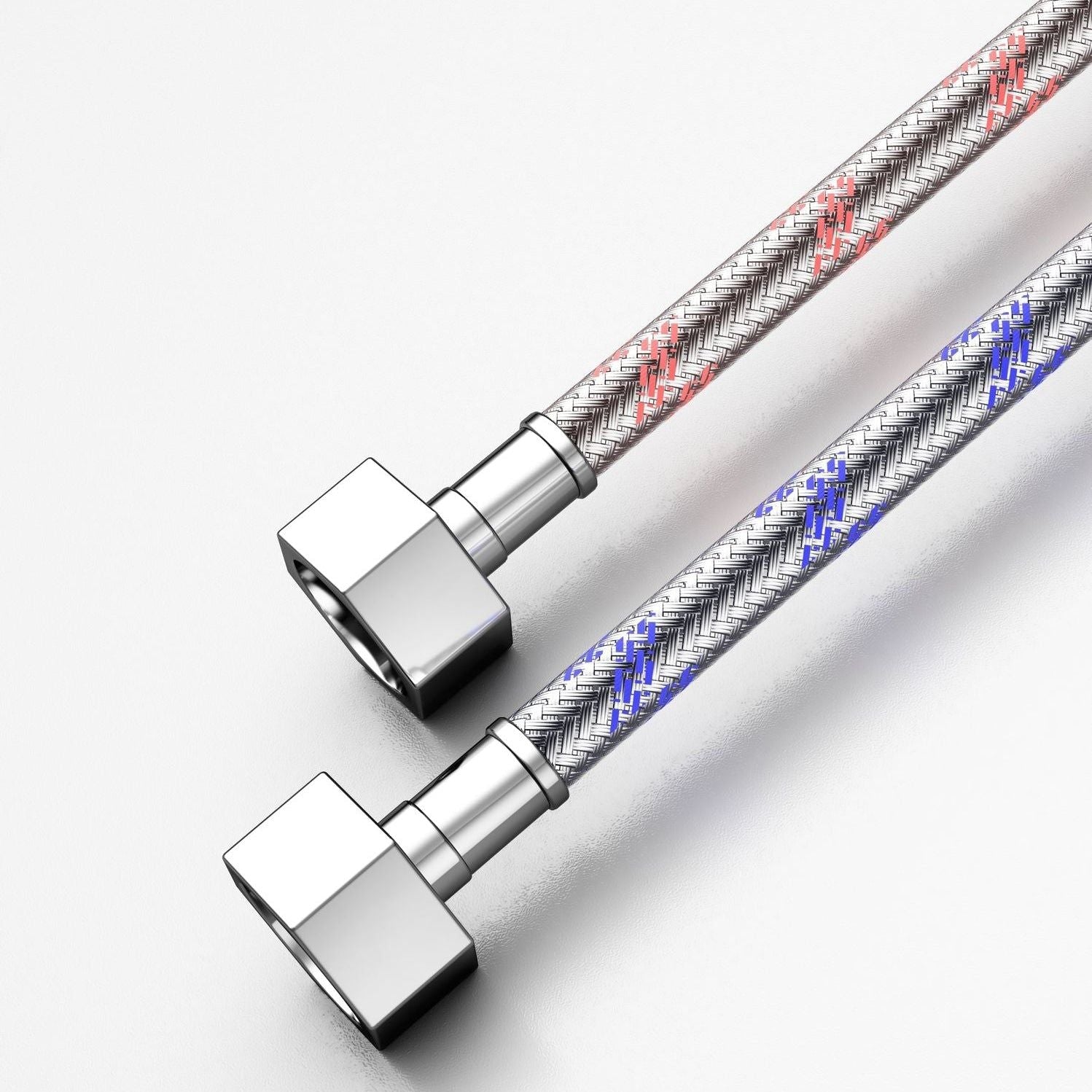 Flexibles de robinet en acier inoxydable tressé, raccords coudés chromés, détails rouge et bleu.