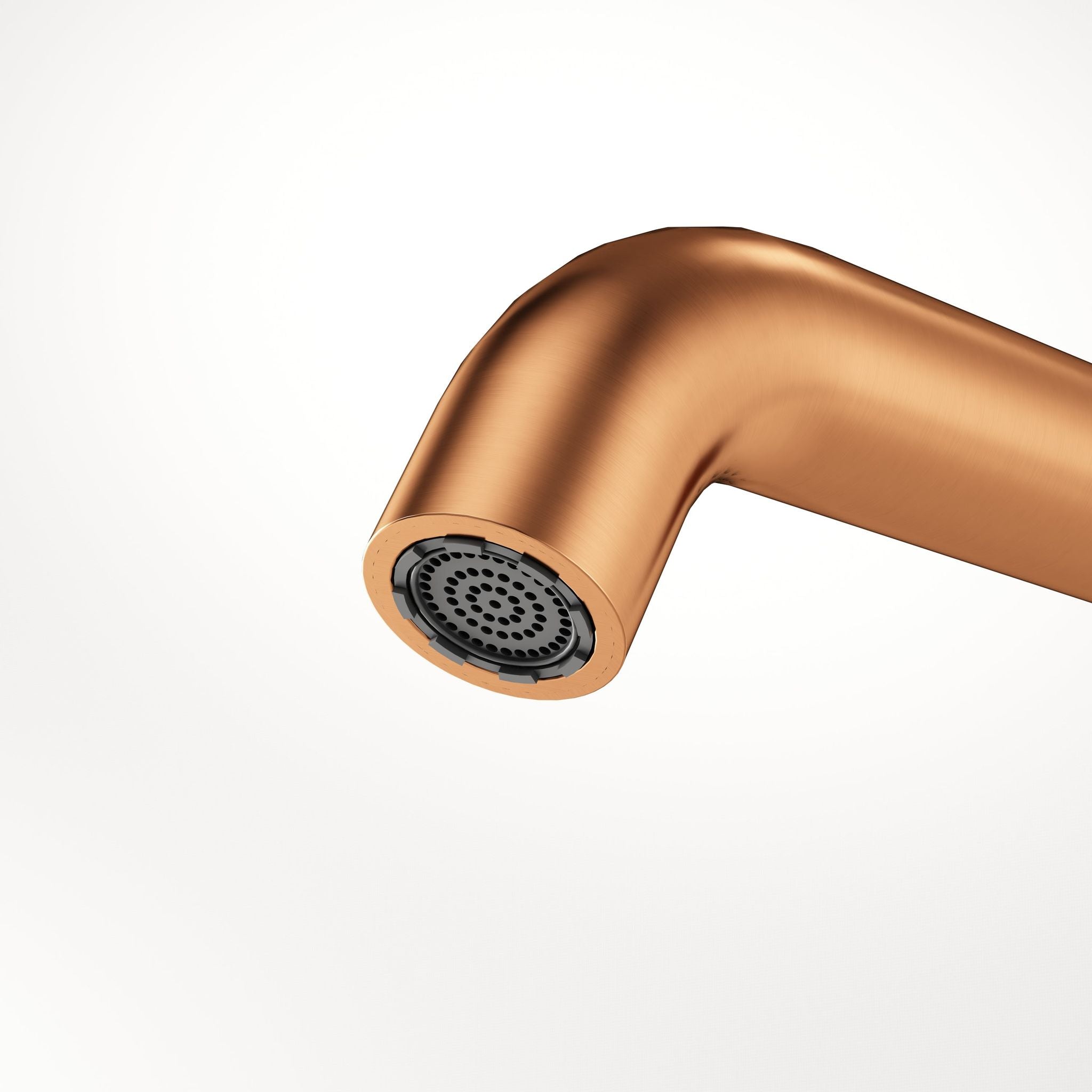 Robinet à bec haut 30 cm en cuivre brossé (Rose Gold). Détail du bec.