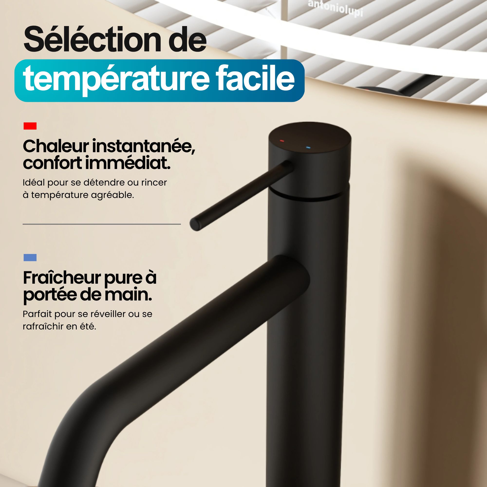 Robinet à bec haut couleur noir mat: Matte black high-spout faucet, modern minimalist design for bathroom or kitchen sink.