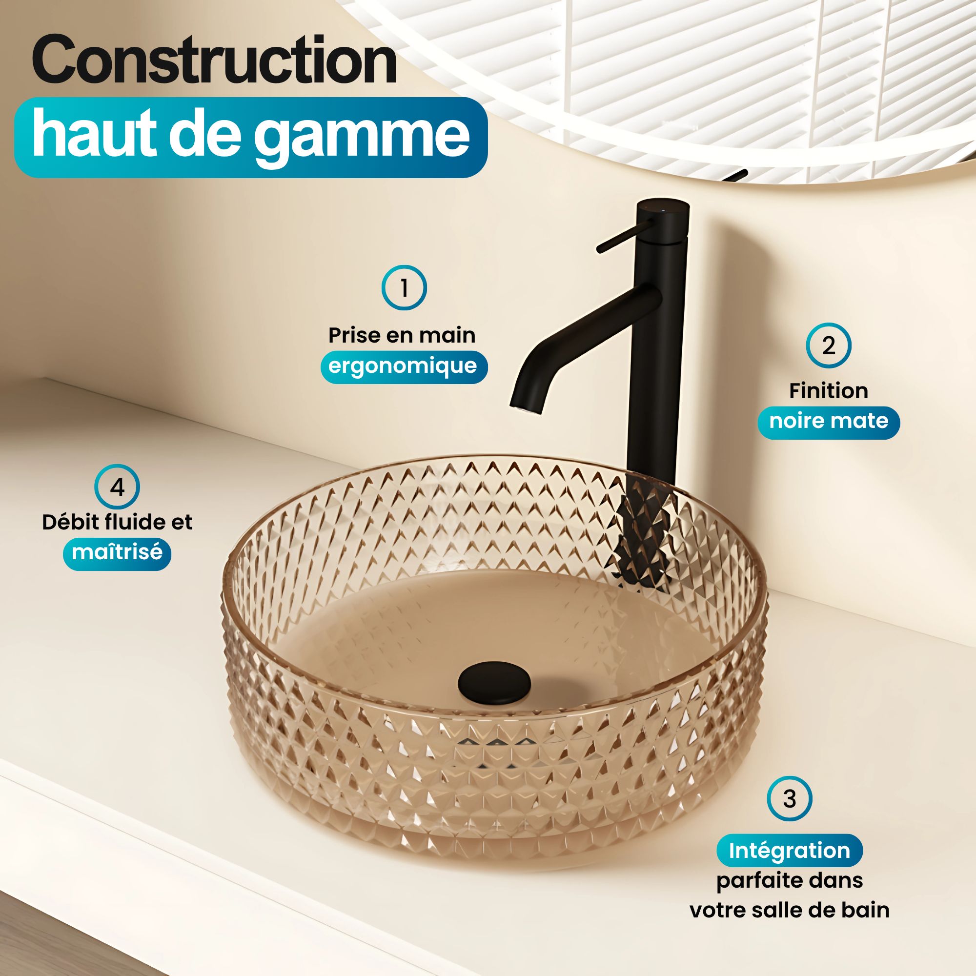 Robinet à bec haut couleur noir mat: Matte black high-spout faucet, modern minimalist design for bathroom or kitchen sink.