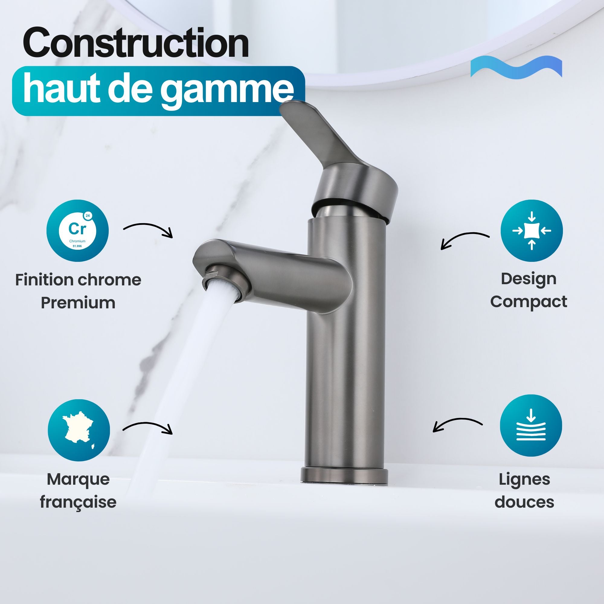 Robinet mitigeur de lavabo de salle de bain gris métalisé, design compact, style moderne