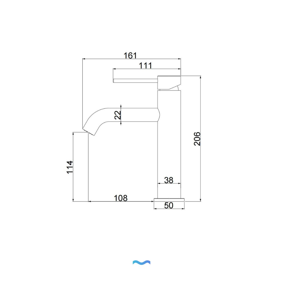 Robinet à bec haut pour salle de bain couleur or: Gold bathroom faucet with high spout, modern design. Dimensions: 206mm H x 114mm W